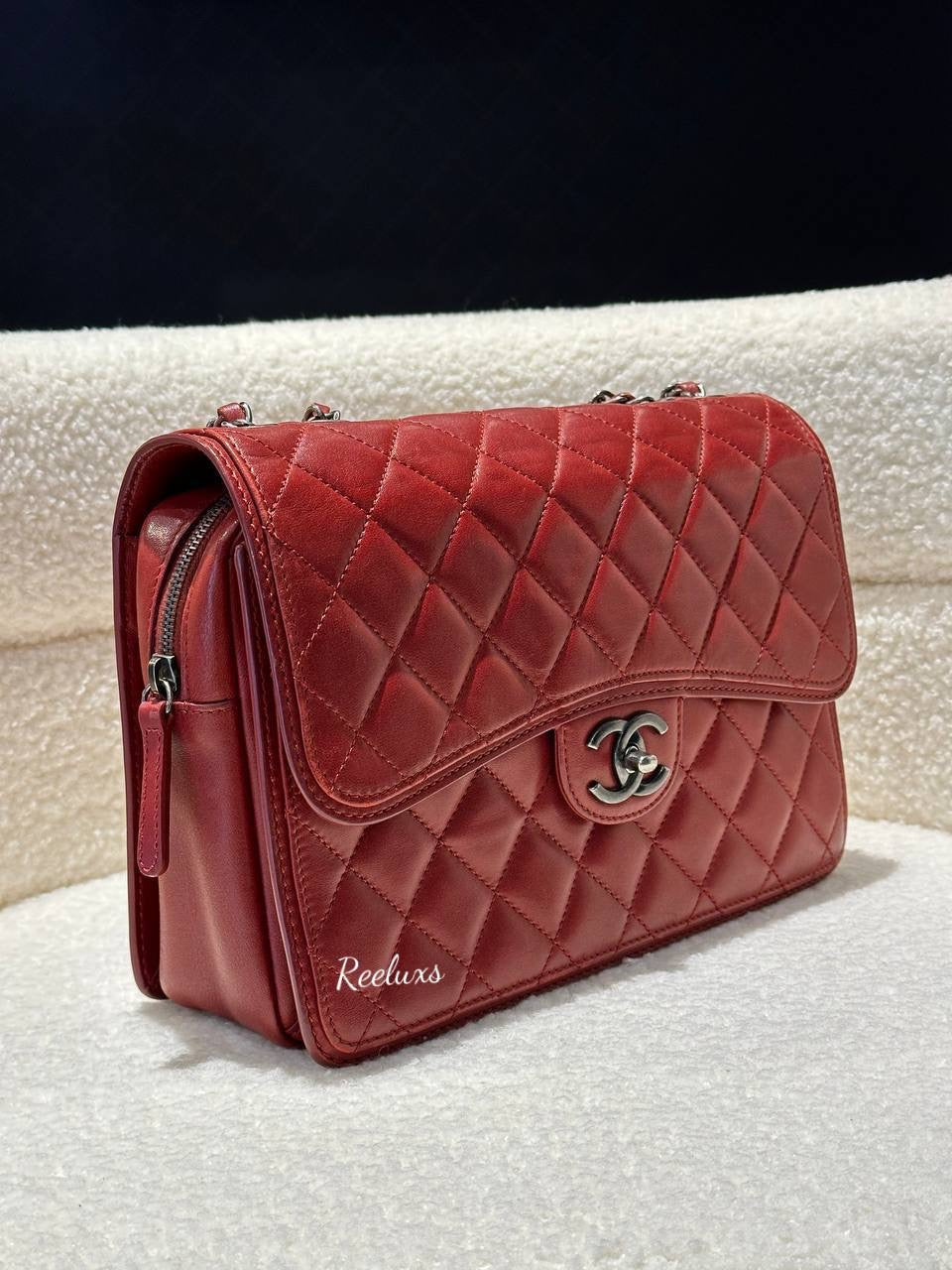CHANEL Lambskin Quilted Citizen Zip Large Flap Dark Red  Shoulder Bag