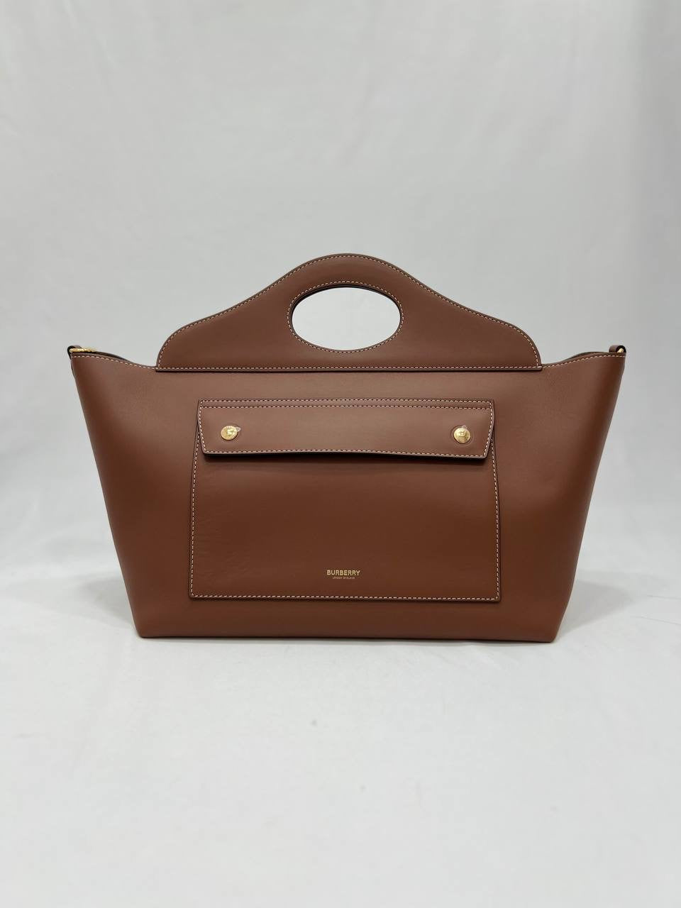 BURBERRY Small Soft Pocket Leather Tote Bag In Brown