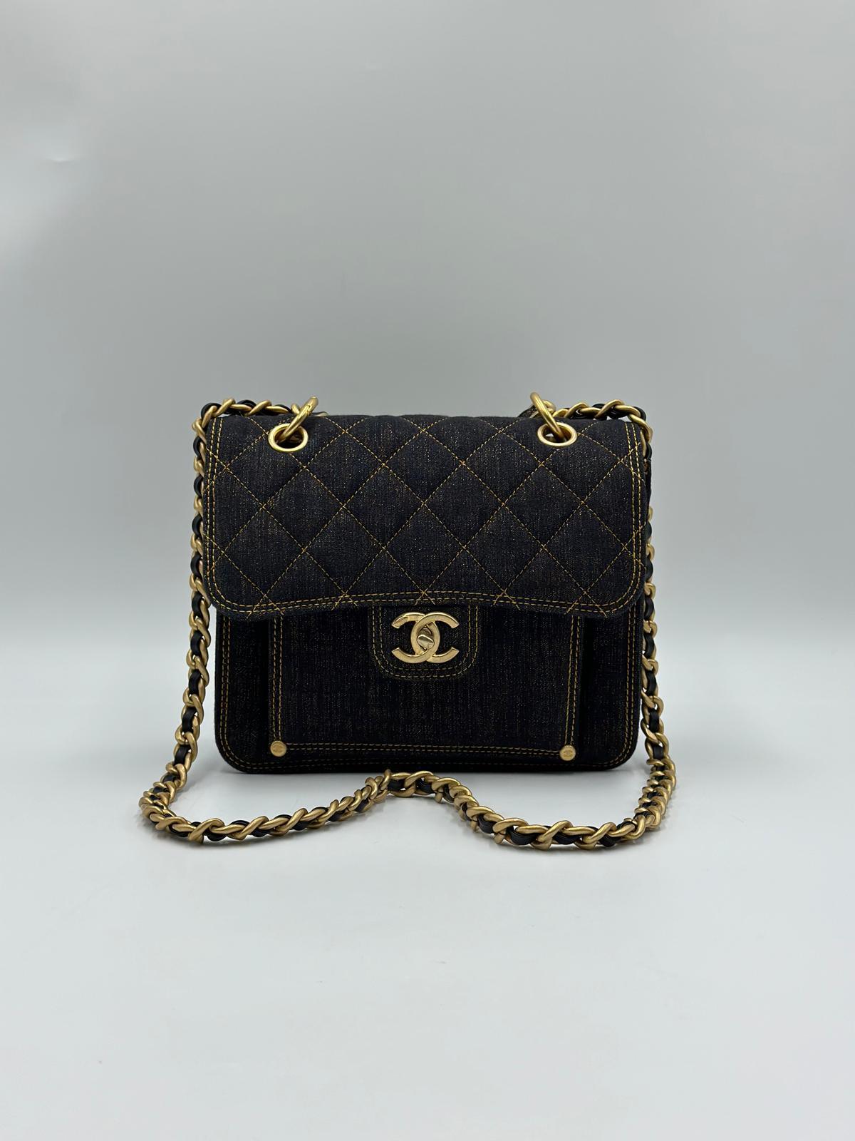 Chanel 2023 Microchip Navy Denim Quilted Double You Square Flap Black Golden - Reeluxs 