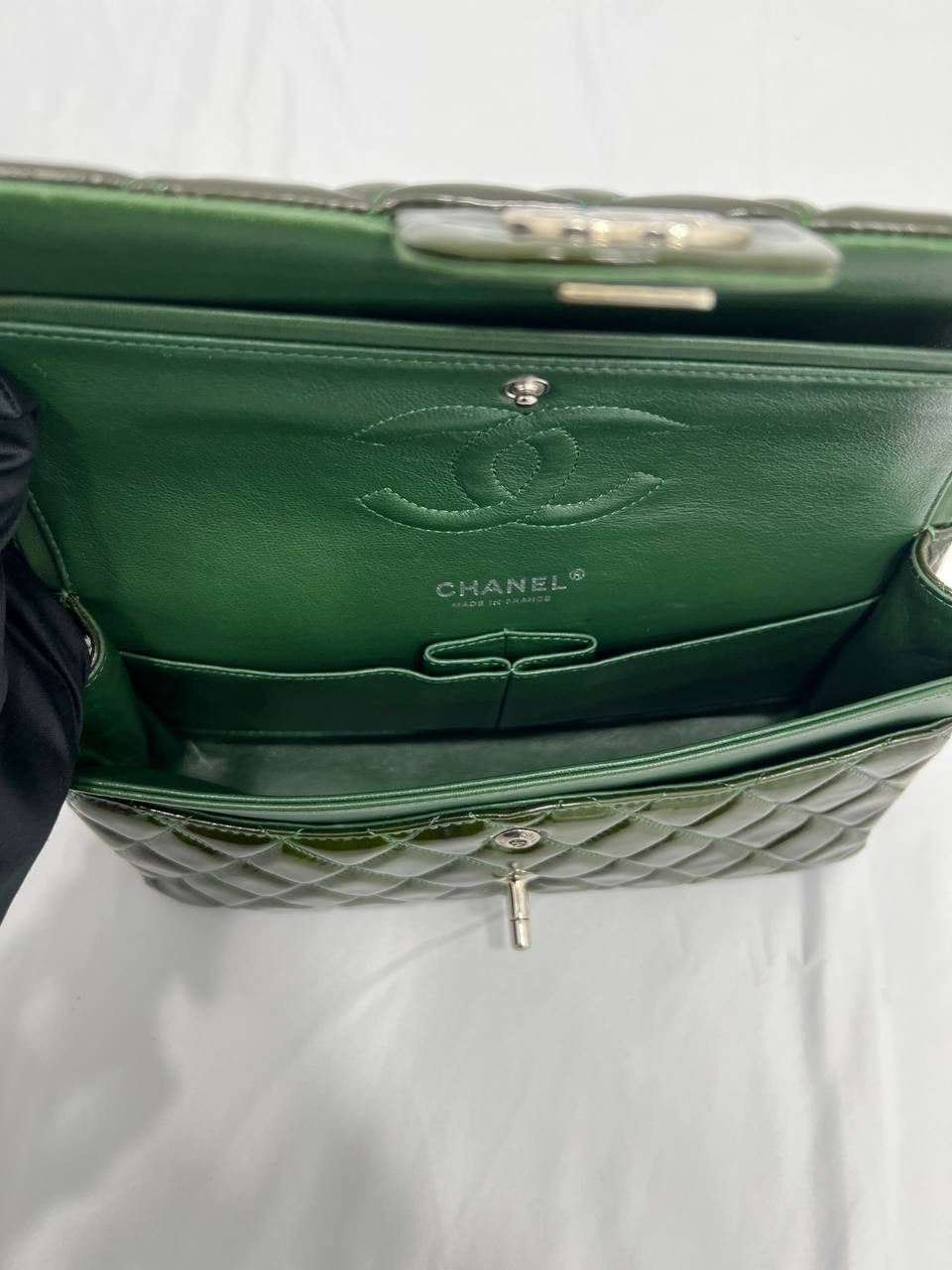 CHANEL Green Quilted Patent Leather Classic Medium Double Flap Bag