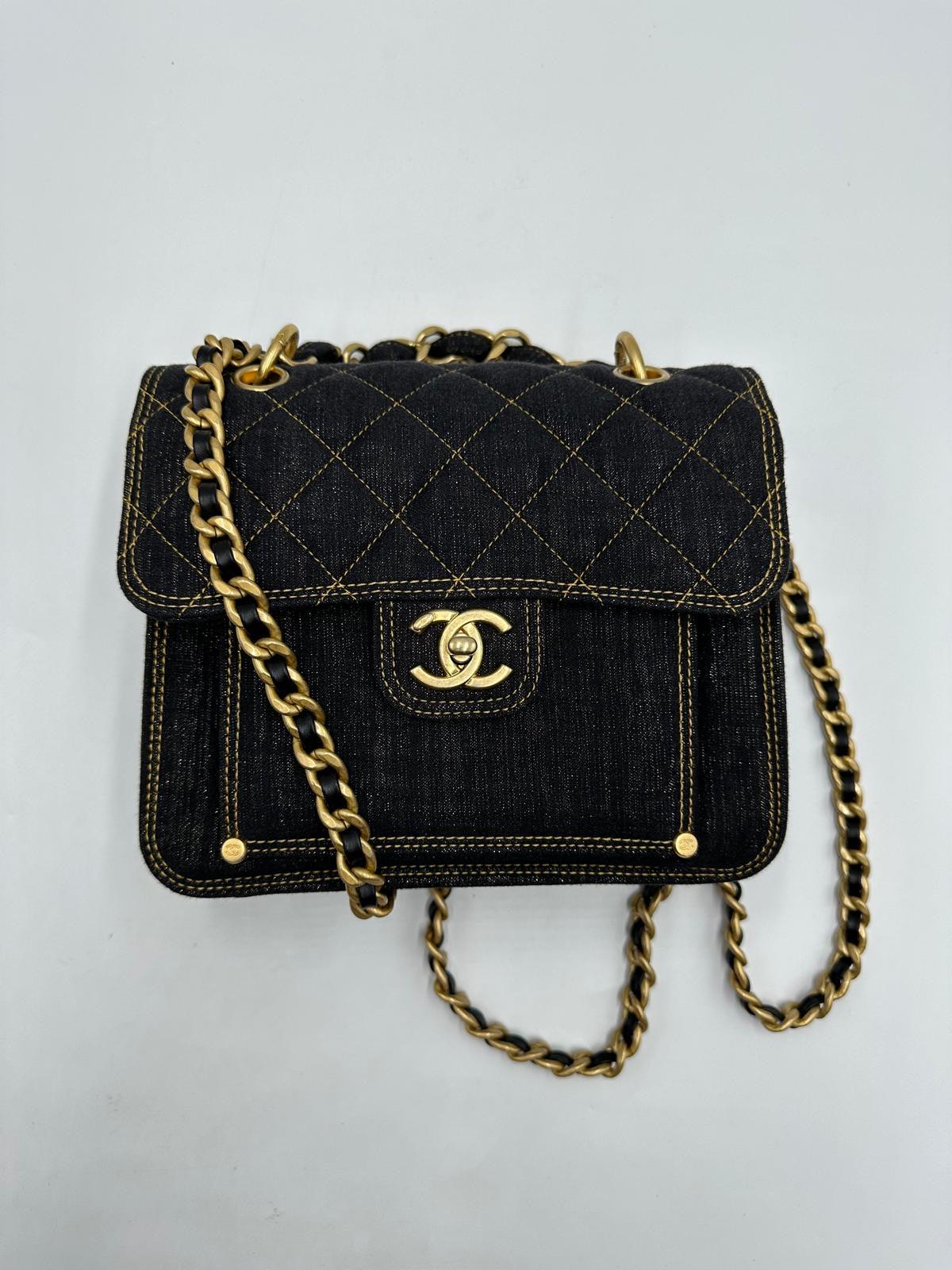 Chanel 2023 Microchip Navy Denim Quilted Double You Square Flap Black Golden - Reeluxs 