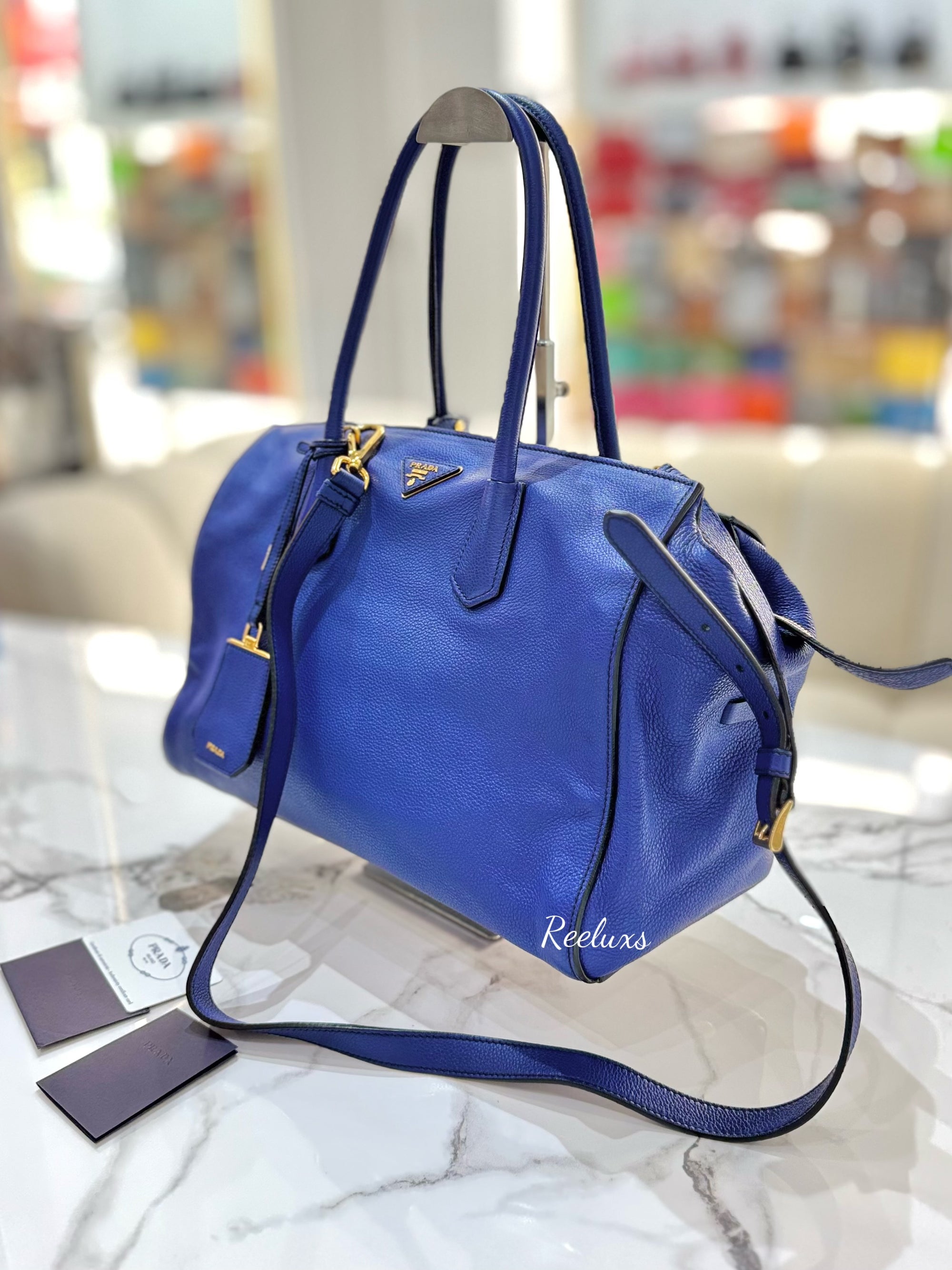 PRADA Blue Vitello Grain Leather Shoulder Bag