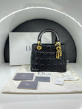 FULLSET CHRISTIAN DIOR Black Glazed Calfskin Small Lady D GHW Handbag