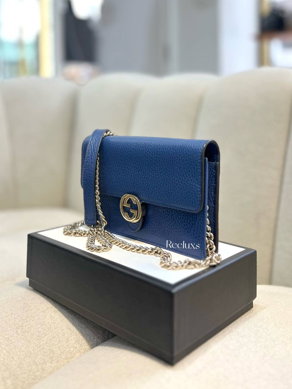 FullSet GUCCI Blue Leather Interlocking GG Wallet On Chain - WOC