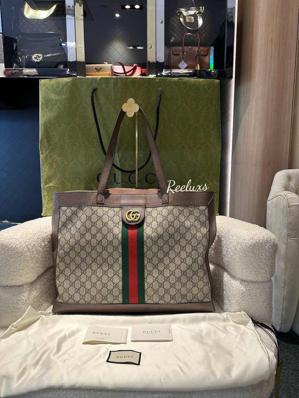 FULLSET GUCCI GG Supreme Ophidia GG Supreme Medium Tote Bag