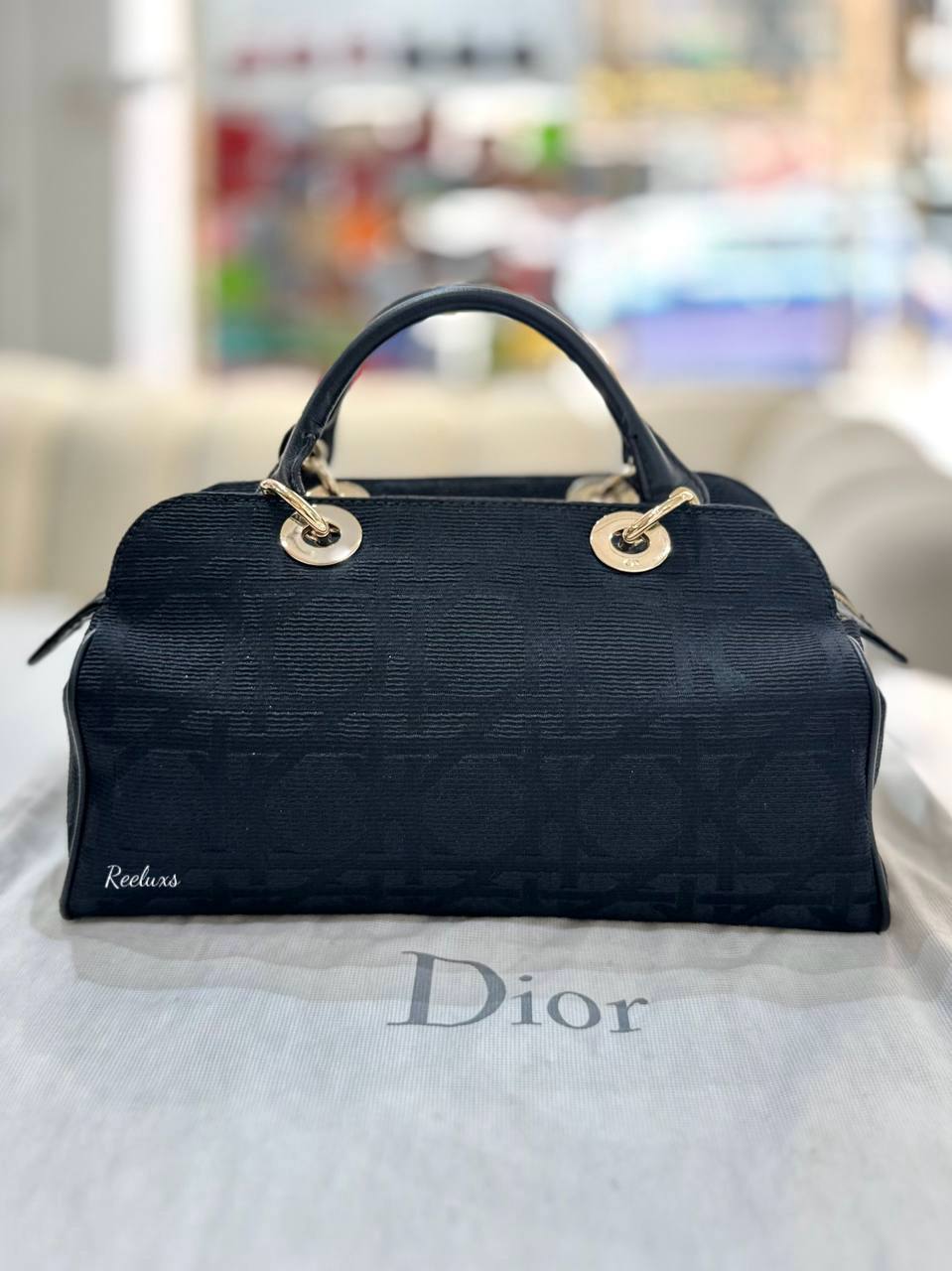 CHRISTIAN DIOR Cannage Handbag Tote Canvas Black Logo Charm
