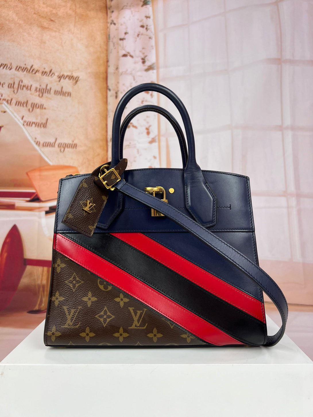 LOUIS VUITTON Calfskin Monogram Striped City Steamer PM Blue Hand & Shoulder Bag - Reeluxs 