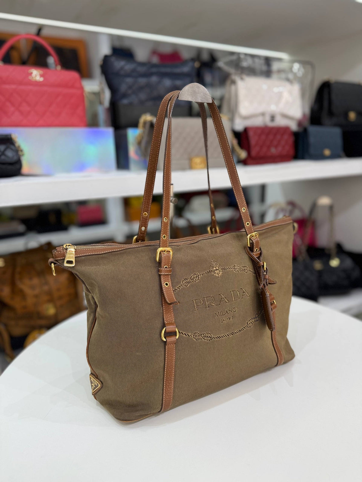 PRADA Vintage Logo Jacquard Canvas Brown Leather Tote Bag