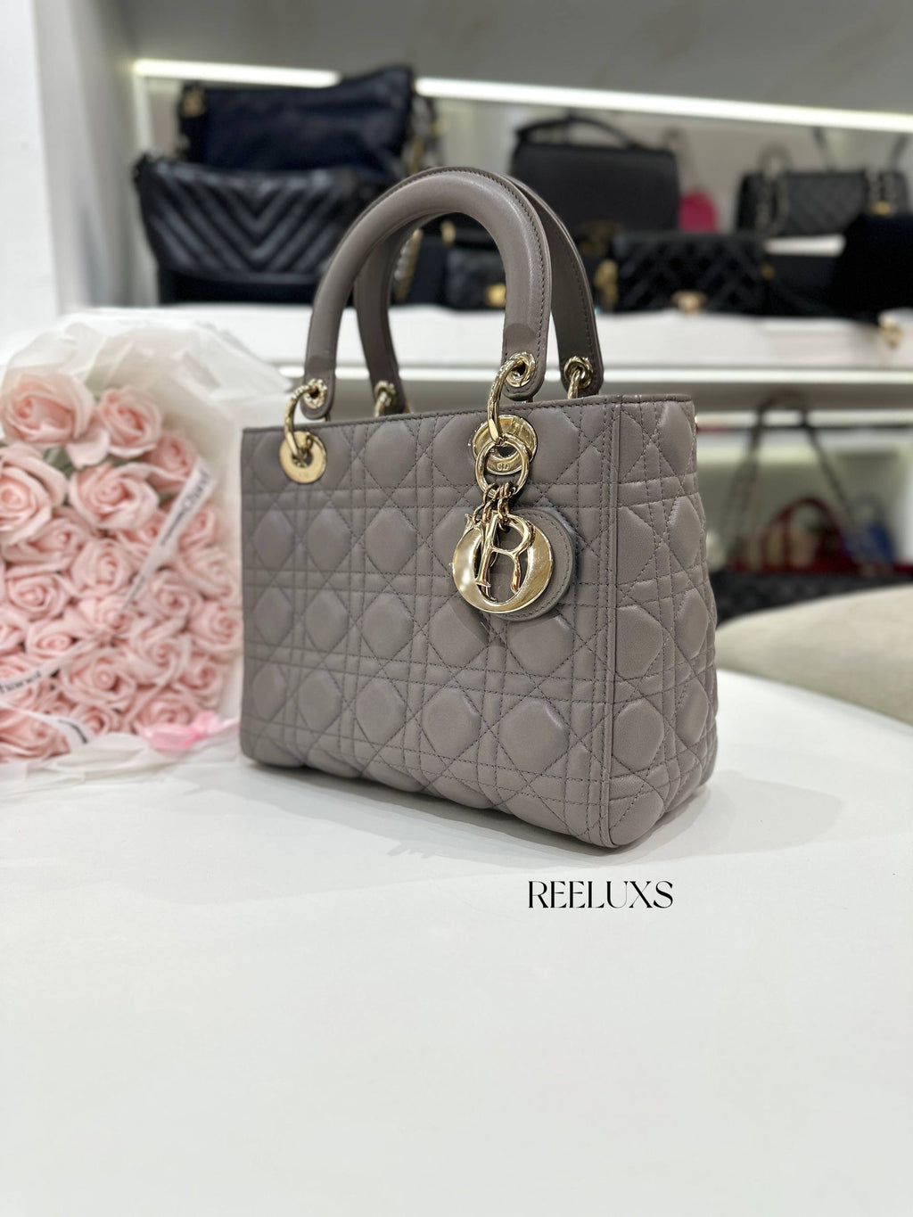 Medium Lady DIOR Bag in Grey Cannage Lambskin