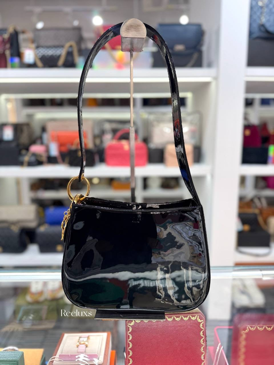 CHRISTIAN DIOR Cannage Black Patent Leather Shoulder Bag