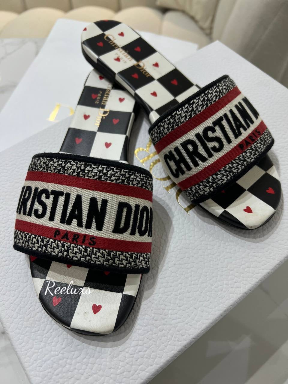 FULL SET  CHIRISTIAN DIOR Women Shoes Dway Dioramour Slide White Black Red D-Chess Heart Embroidered Cotton