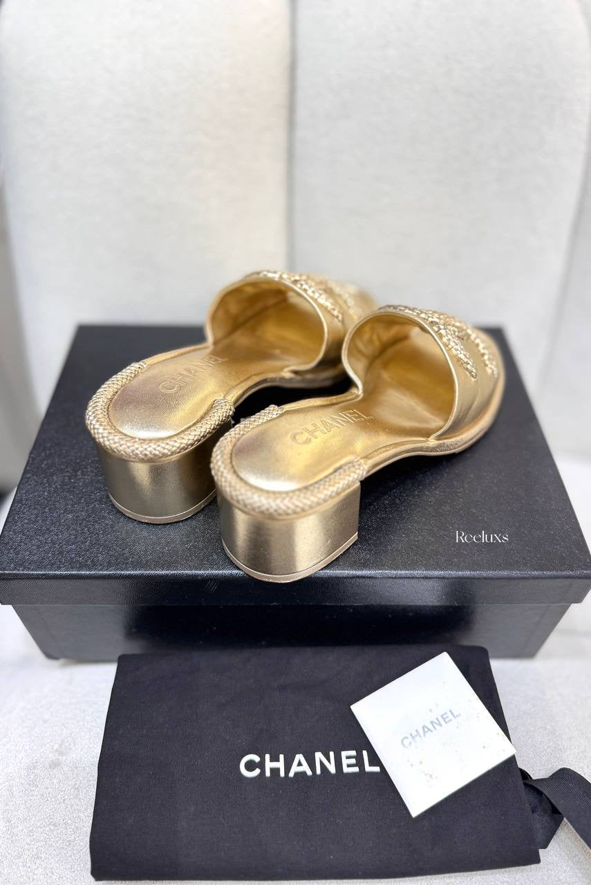 Chanel Gold Leather CC Slide Sandals