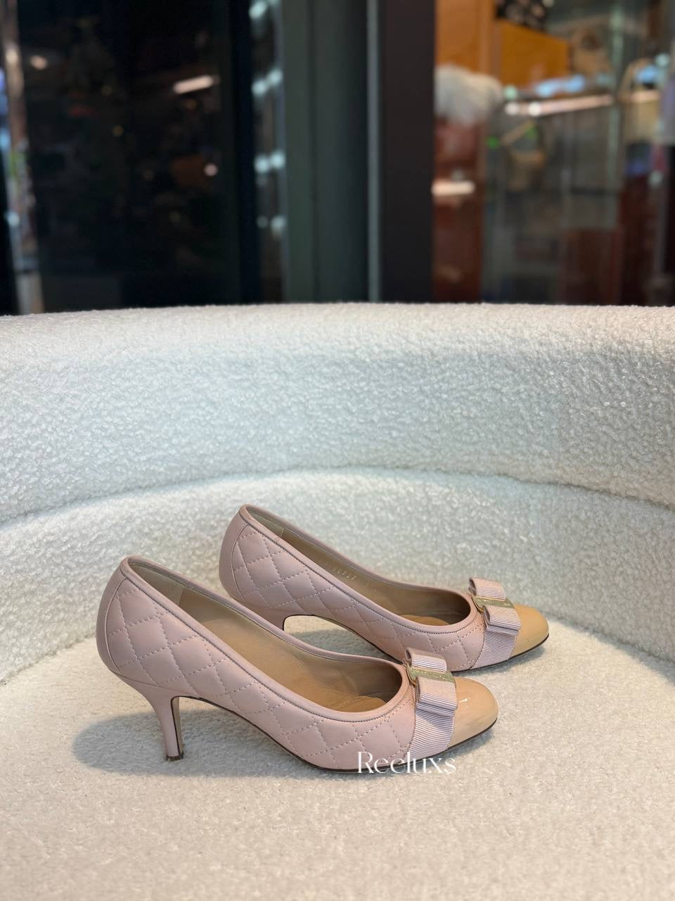 Salvatore Ferragamo Varina Bow Quilted Ballet Flats In Nude Flesh