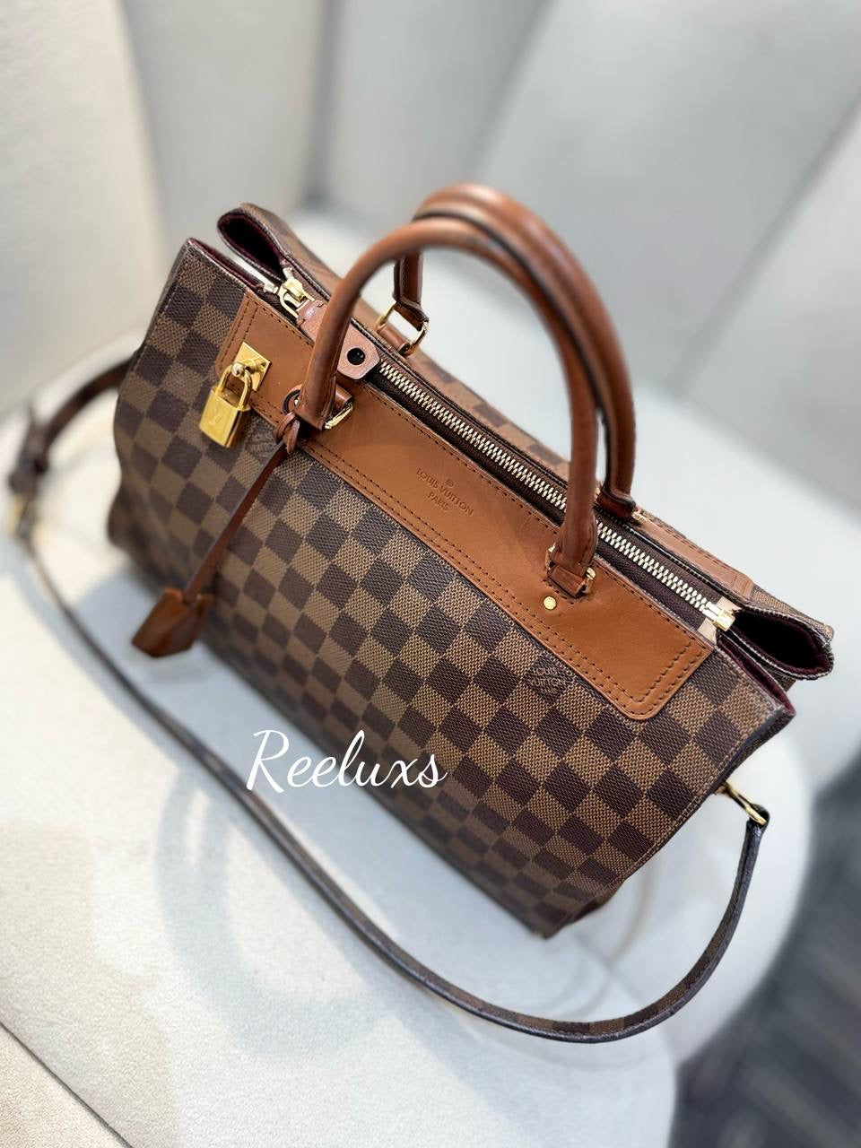 LOUIS VUITTON LV Damier Greenwich 2 Way Handbag In Brown