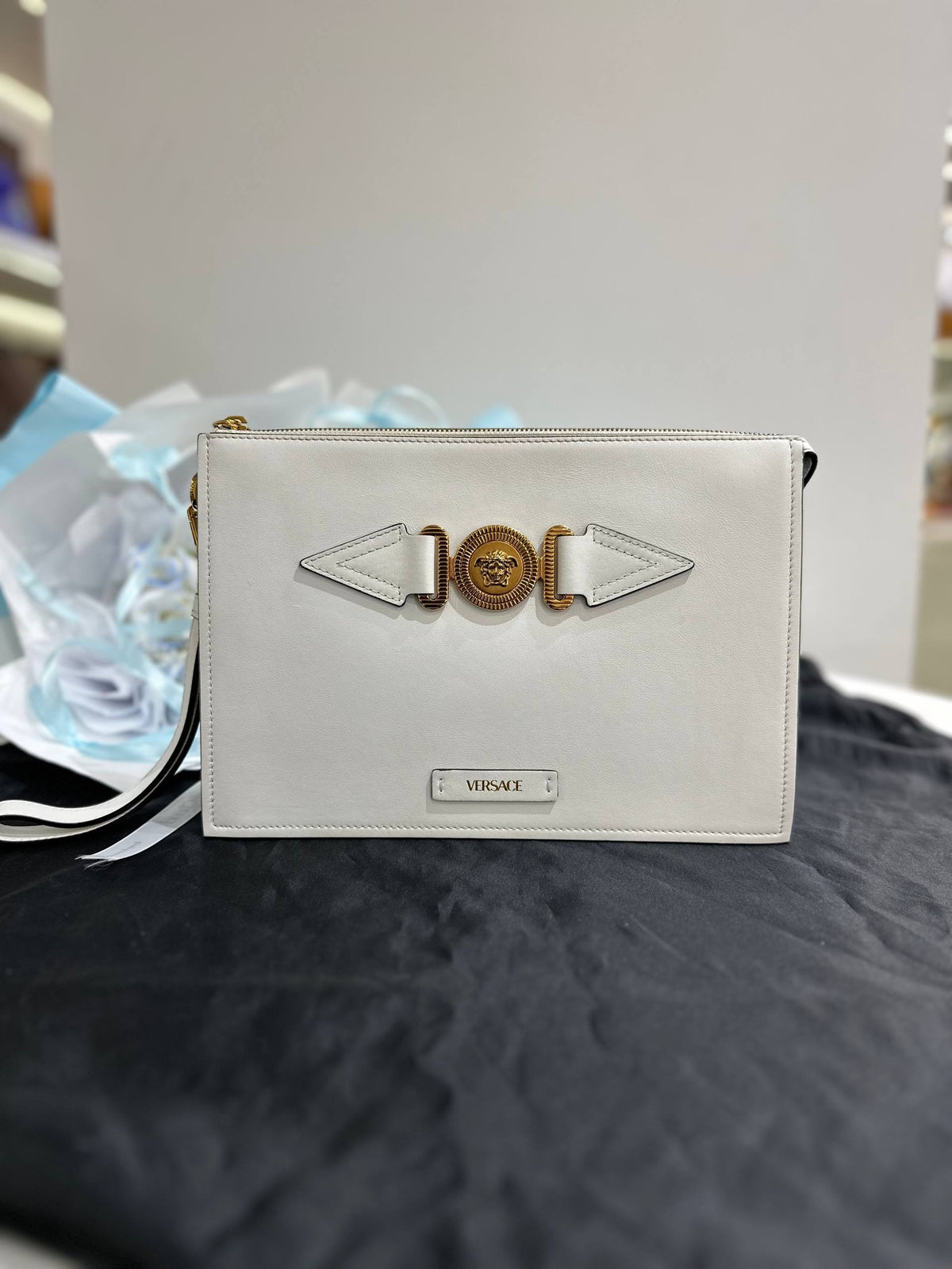 VERSACE White Leather Medusa Biggie Pouch / Clutch Bag