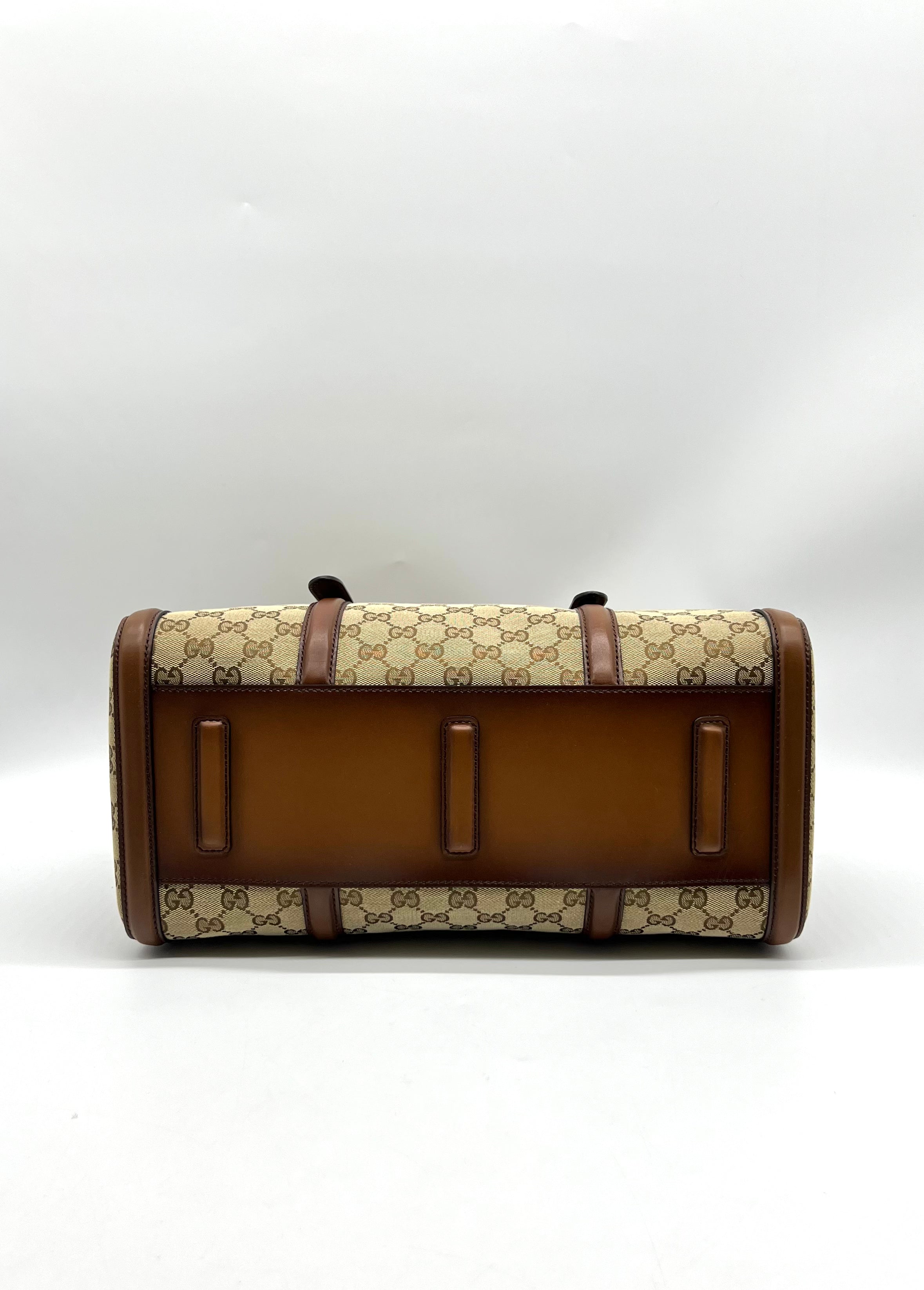 GUCCI Monogram Medium Lady Web Boston Bag Beige Cuir - Reeluxs 