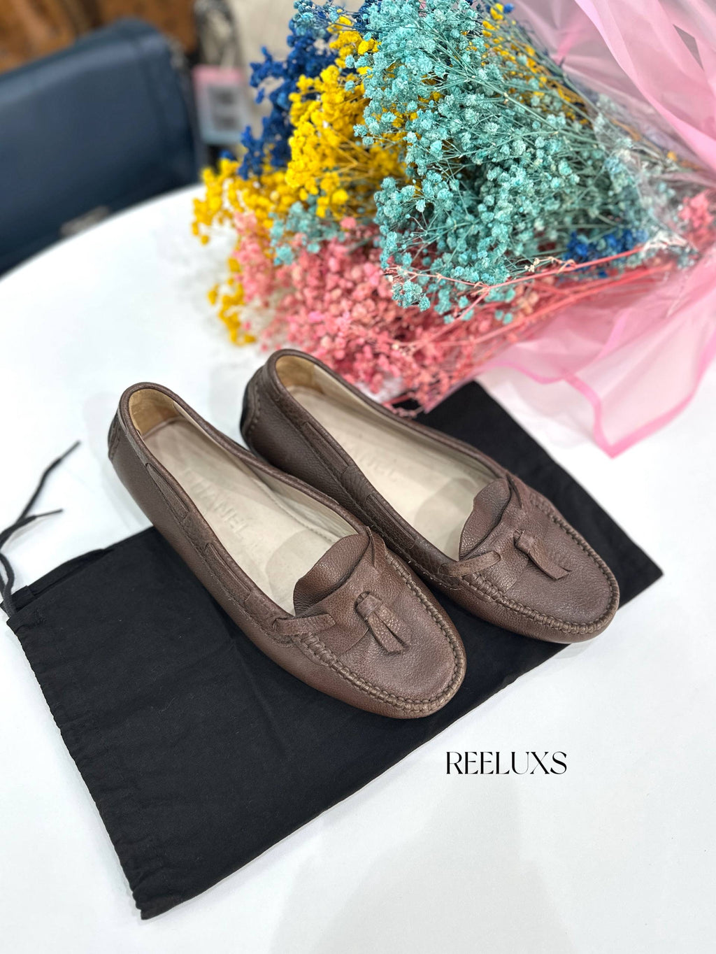 Chanel brown leather tassel driving loafers