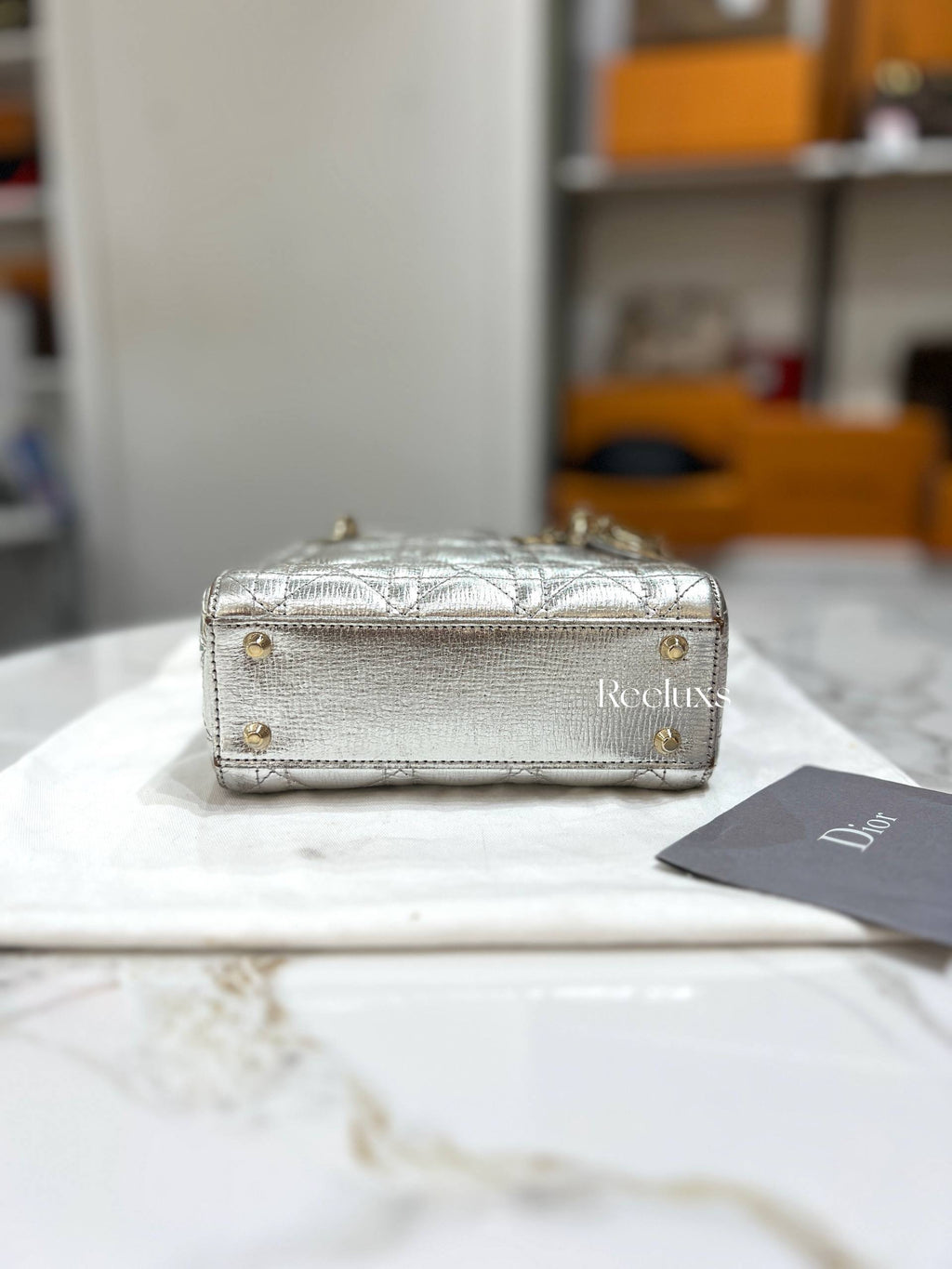 Mini Lady Dior Metallic Silver-tone Leather Bag