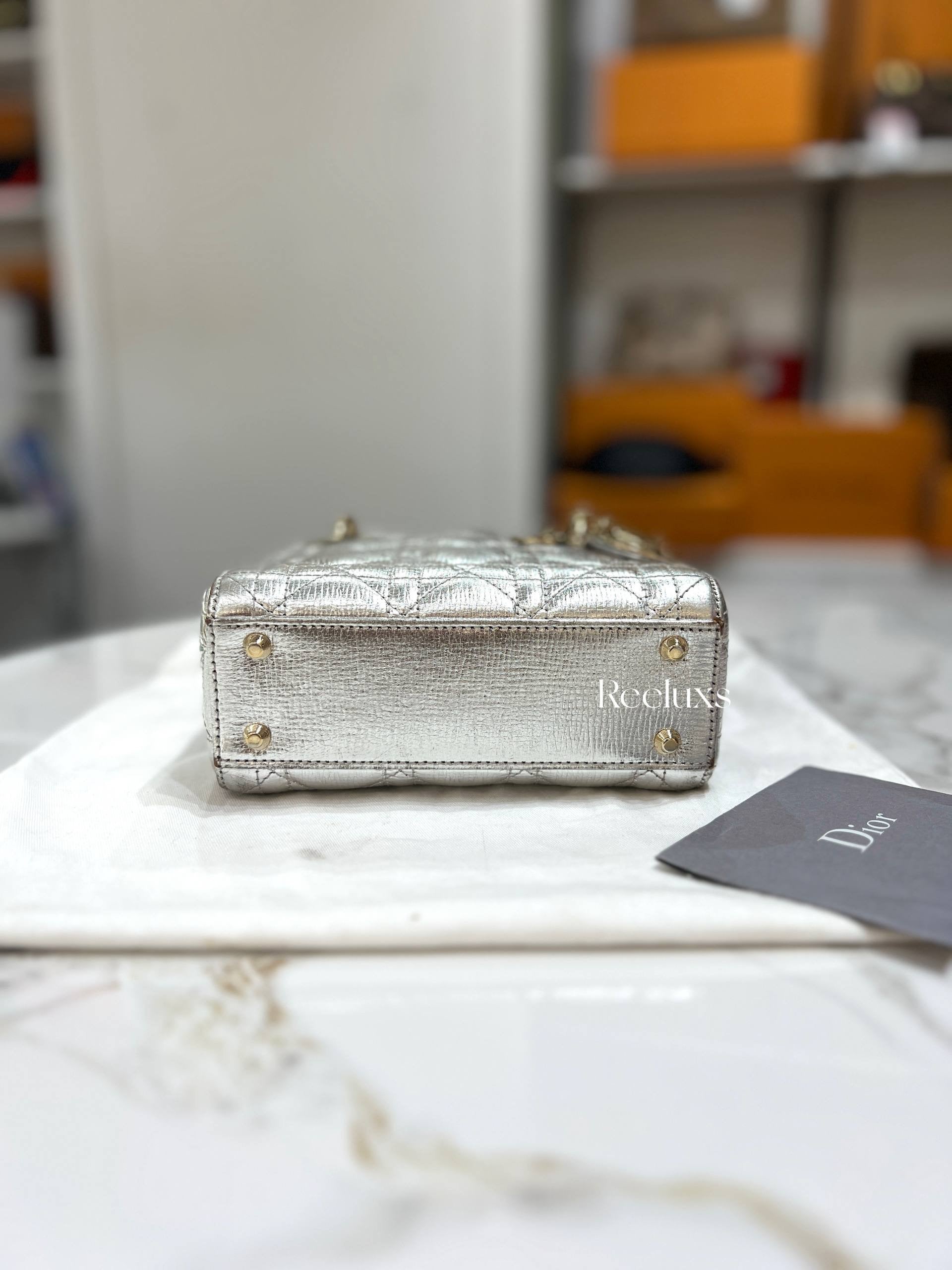 Mini Lady Dior Metallic Silver-tone Leather Bag