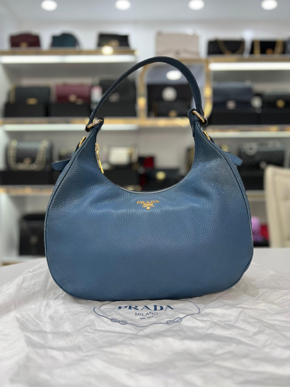 PRADA Blue Pebbled Leather Hobo Women Shoulder Bag - Reeluxs 