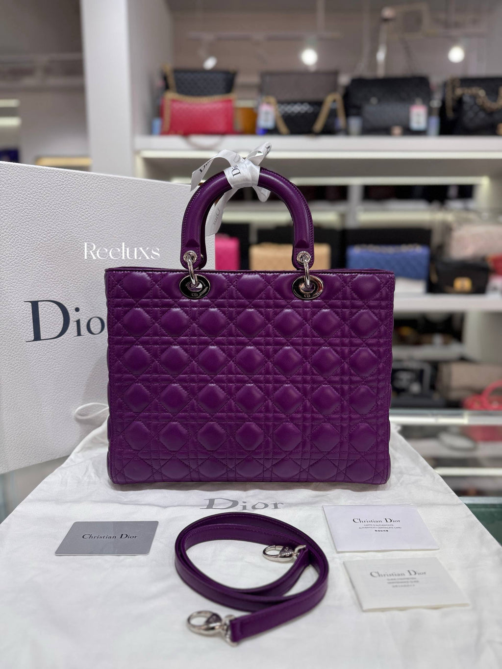 Christian Dior Large Lady Dior Bag Purple Lambskin Full Set
