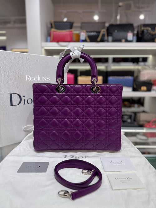 Christian Dior Large Lady Dior Bag Purple Lambskin Full Set