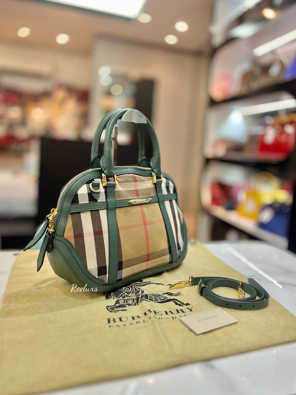 BURBERRY Green/Beige House Check Fabric and Leather Orchard Bowler Bag