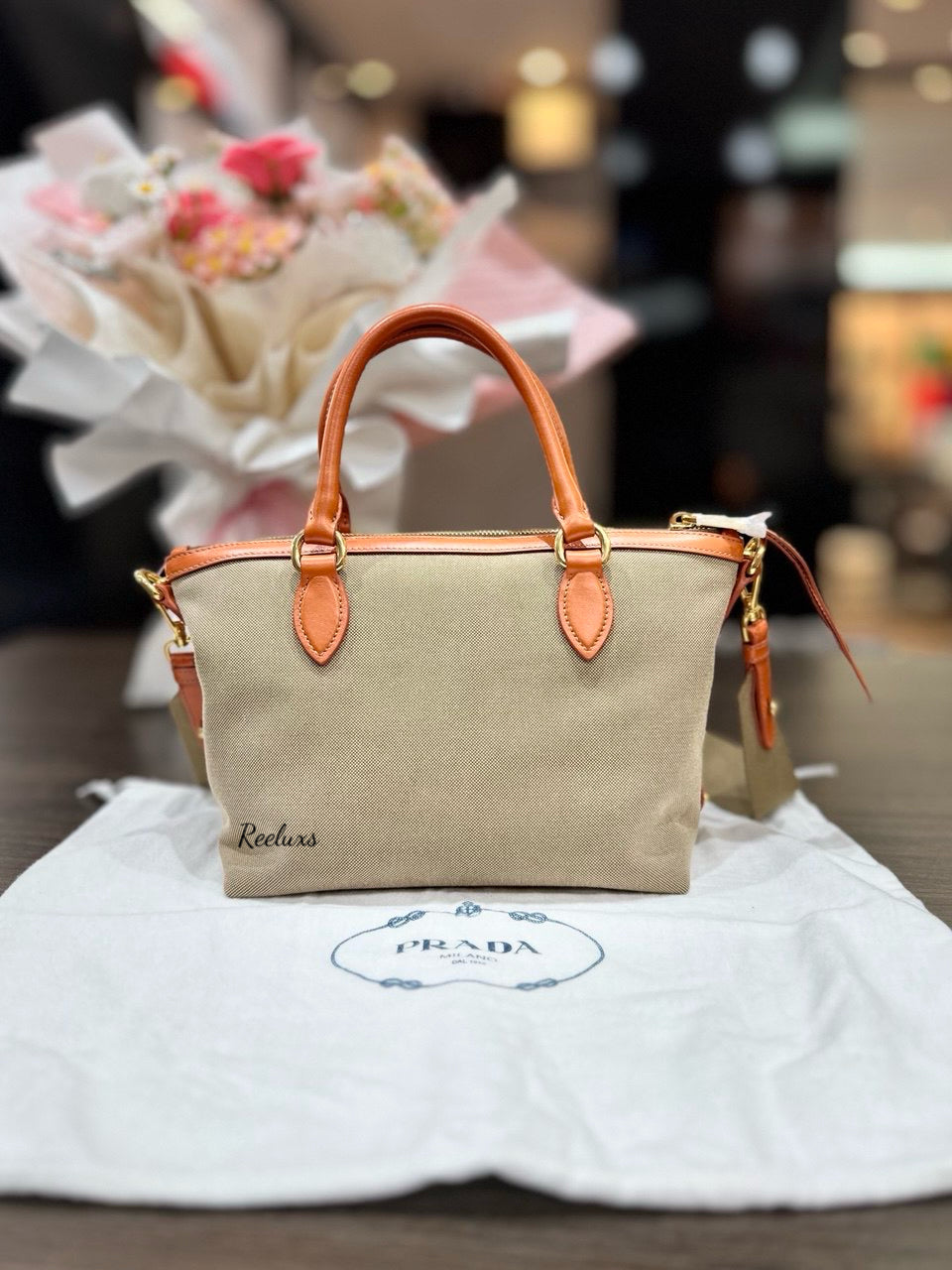PRADA Canvas Logo Bow Satchel Grey Hand Bag / Shoulder Bag