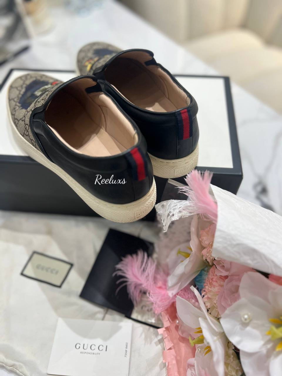 GUCCI Superme Wolf Slip - On Sneakers Black / Brown Canvas