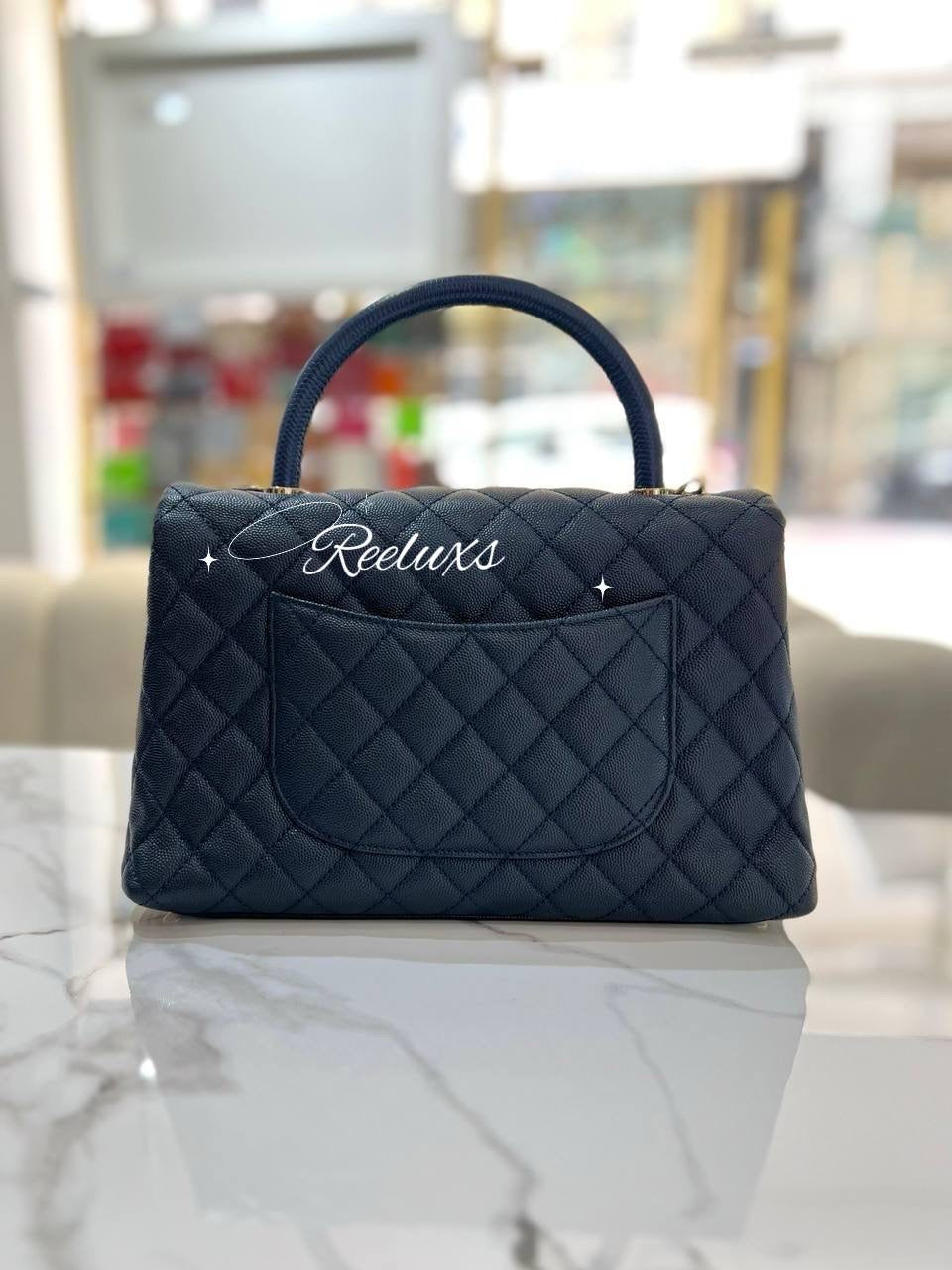 FULL SET CHANEL Coco Handle Bag In Navy Blue Quilted Caviar Leather