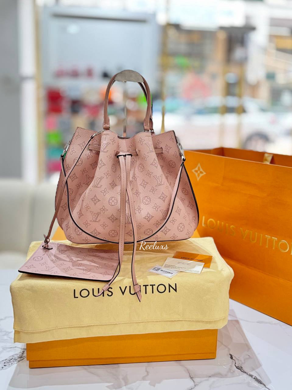 FULLSET LOUIS VUITTON LV Pink Girolata Mahina Leather Handbag