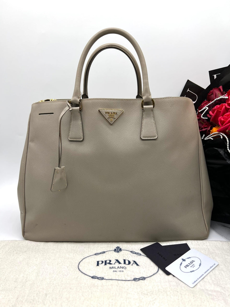 PRADA Beige Leather Executive Double Zip Tote - Reeluxs 