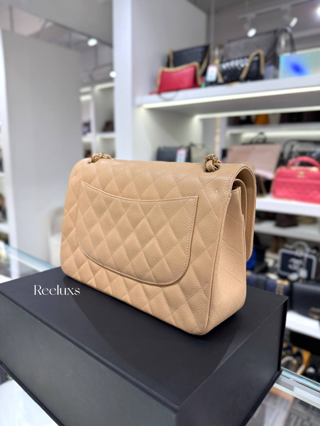 CHANEL Beige Quilted Caviar Leather  Jumbo Classic Double Flap Bag Full Set