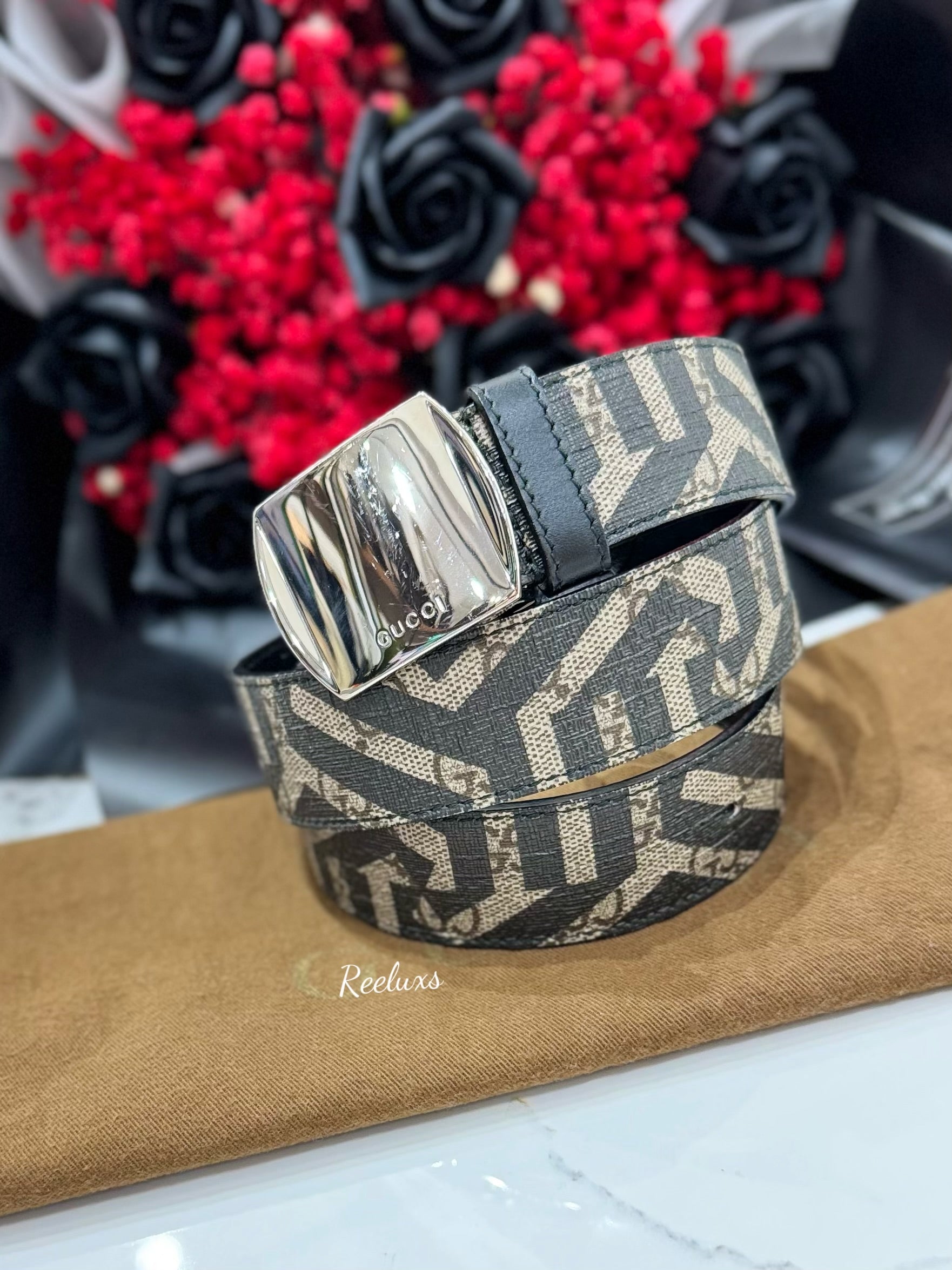 GUCCI Plate Buckle Belt Caleido Print GG Coated Canvas Wide Brown
