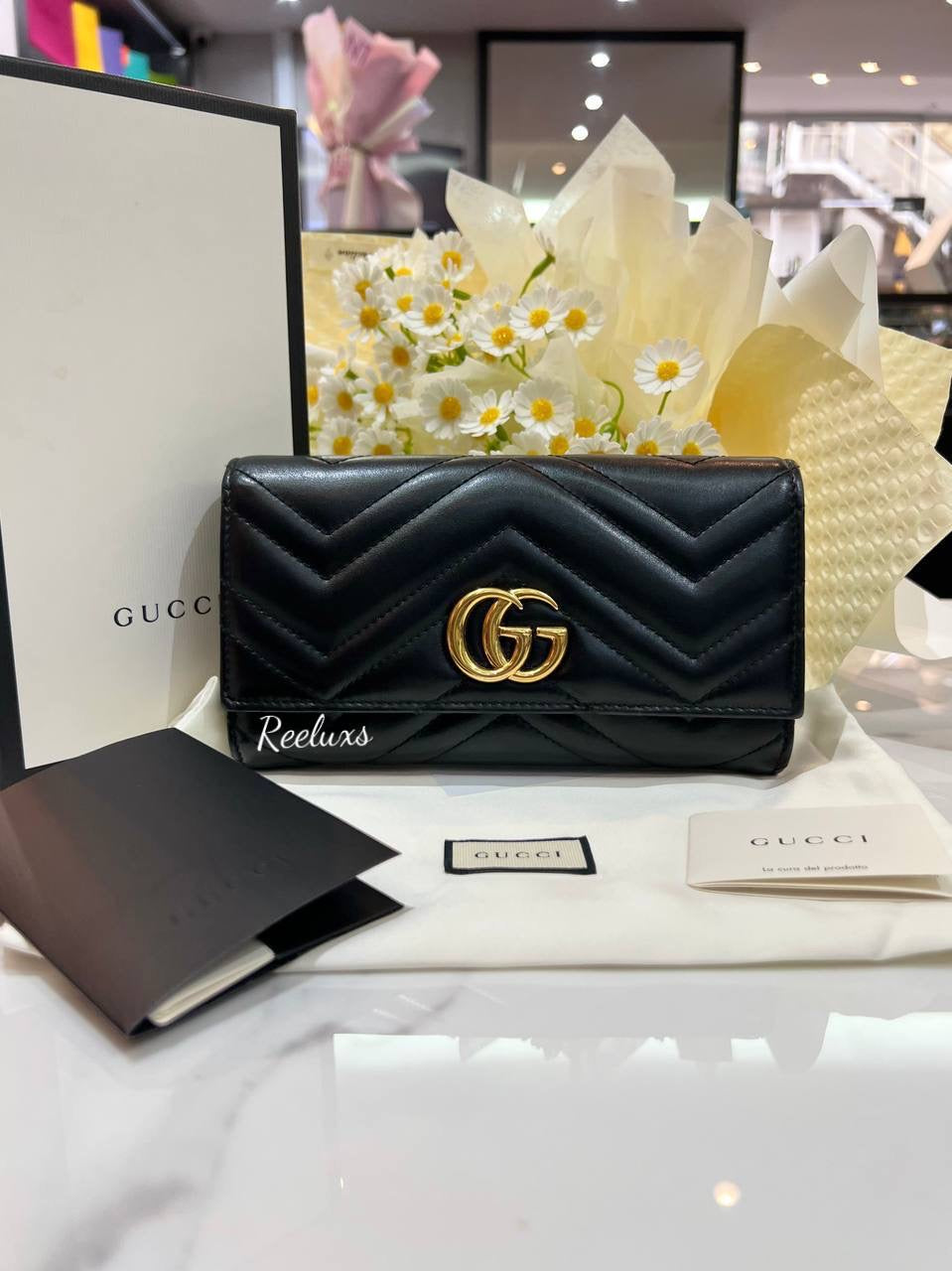 FULL SET GUCCI GG Marmont Leather Black Long Wallet
