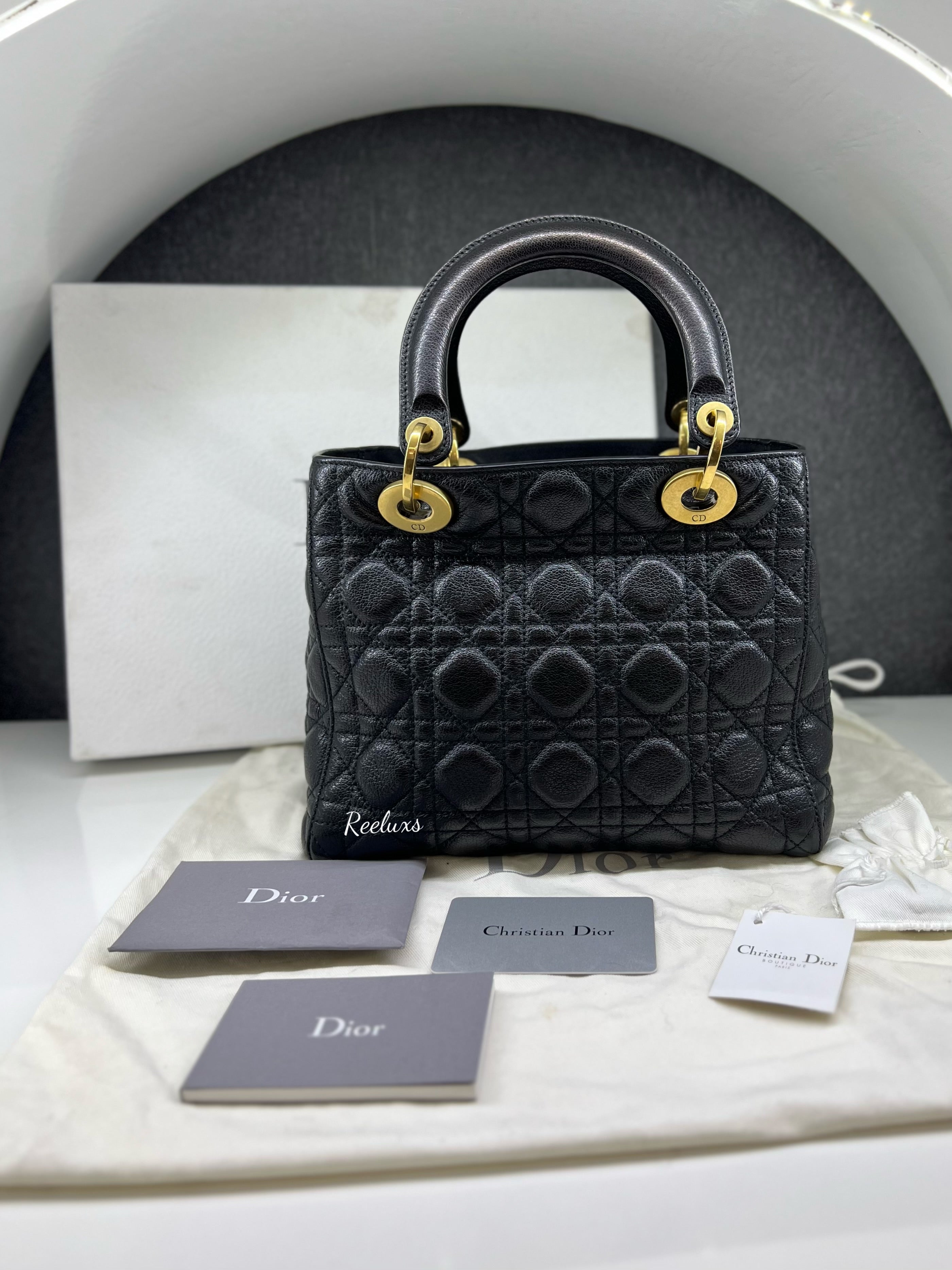 FULLSET CHRISTIAN DIOR Black Glazed Calfskin Small Lady D GHW Handbag