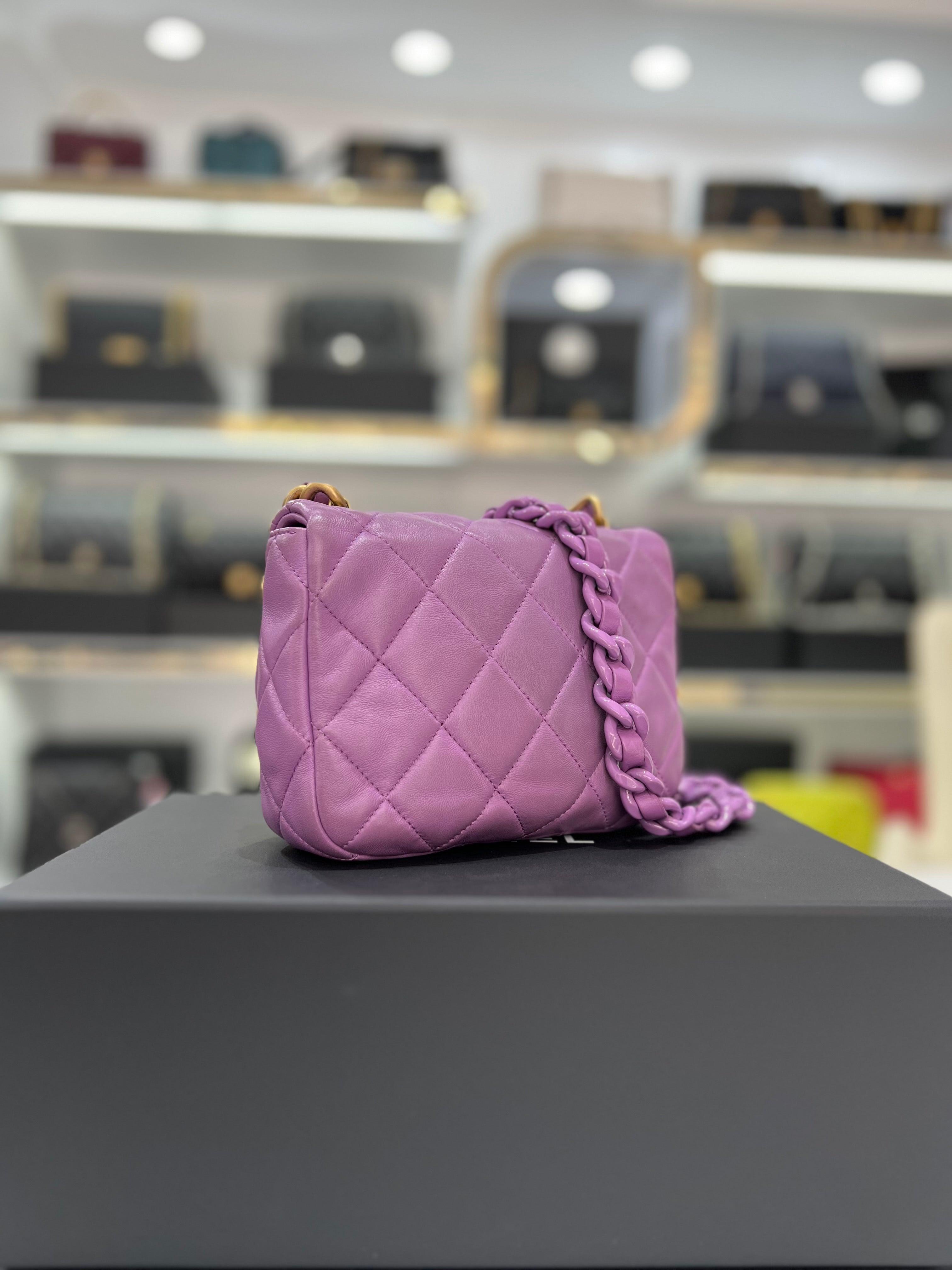 Full Set Microchip CHANEL Lambskin Quilted Small Lacquered Chain Flap Purple Slingbag For Women - Reeluxs 