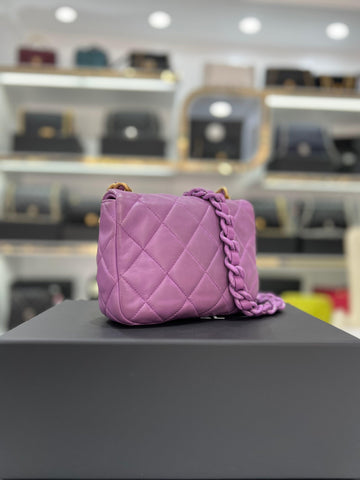 Full Set Microchip CHANEL Lambskin Quilted Small Lacquered Chain Flap Purple Slingbag For Women - Reeluxs 