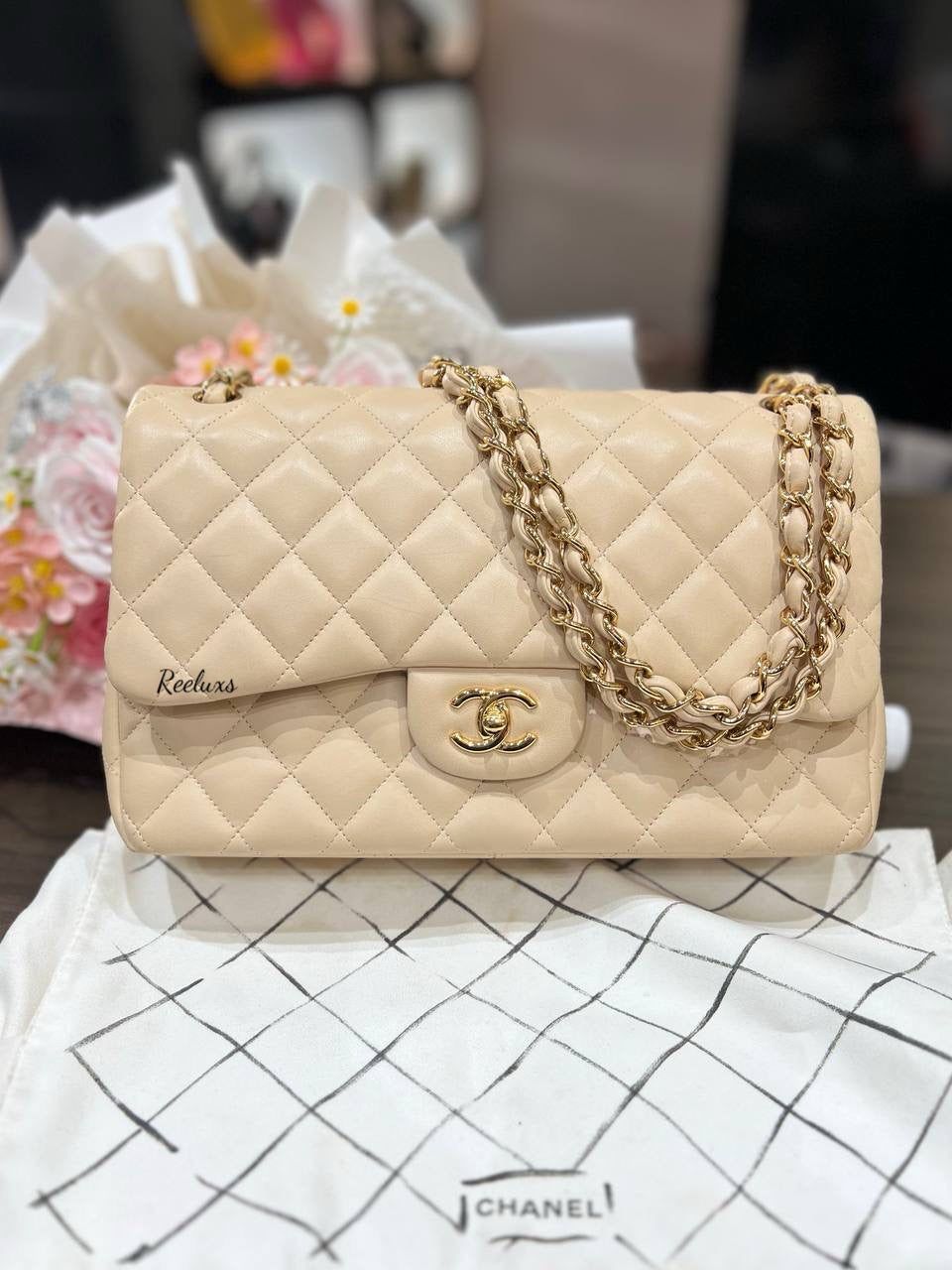 CHANEL Beige Colour Classic Flap Jumbo In Lambskin With Gold Hardware Women's Shoulder Bag