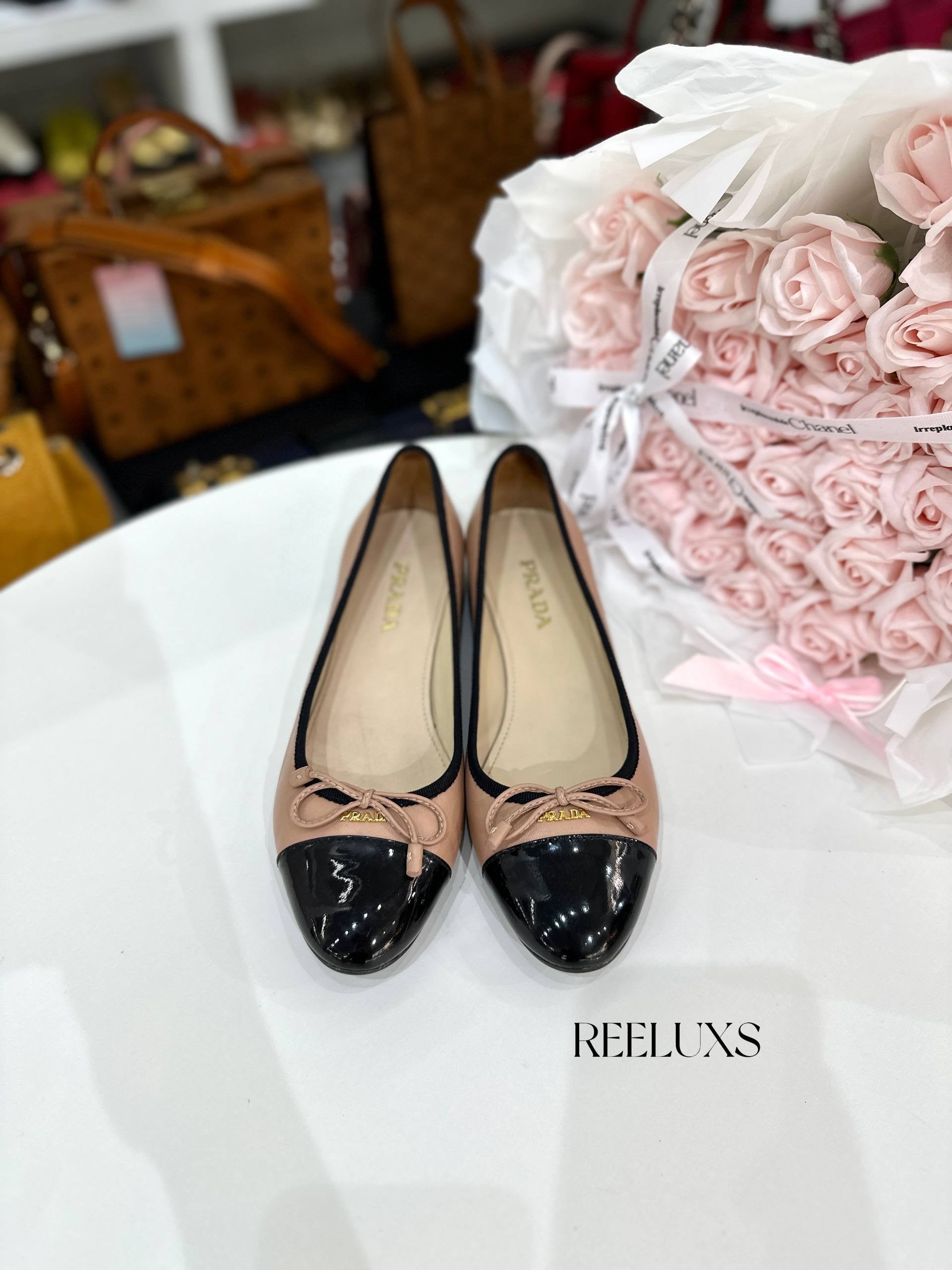 PRADA Patent Leather Cap-Toe Bow Ballet Flats