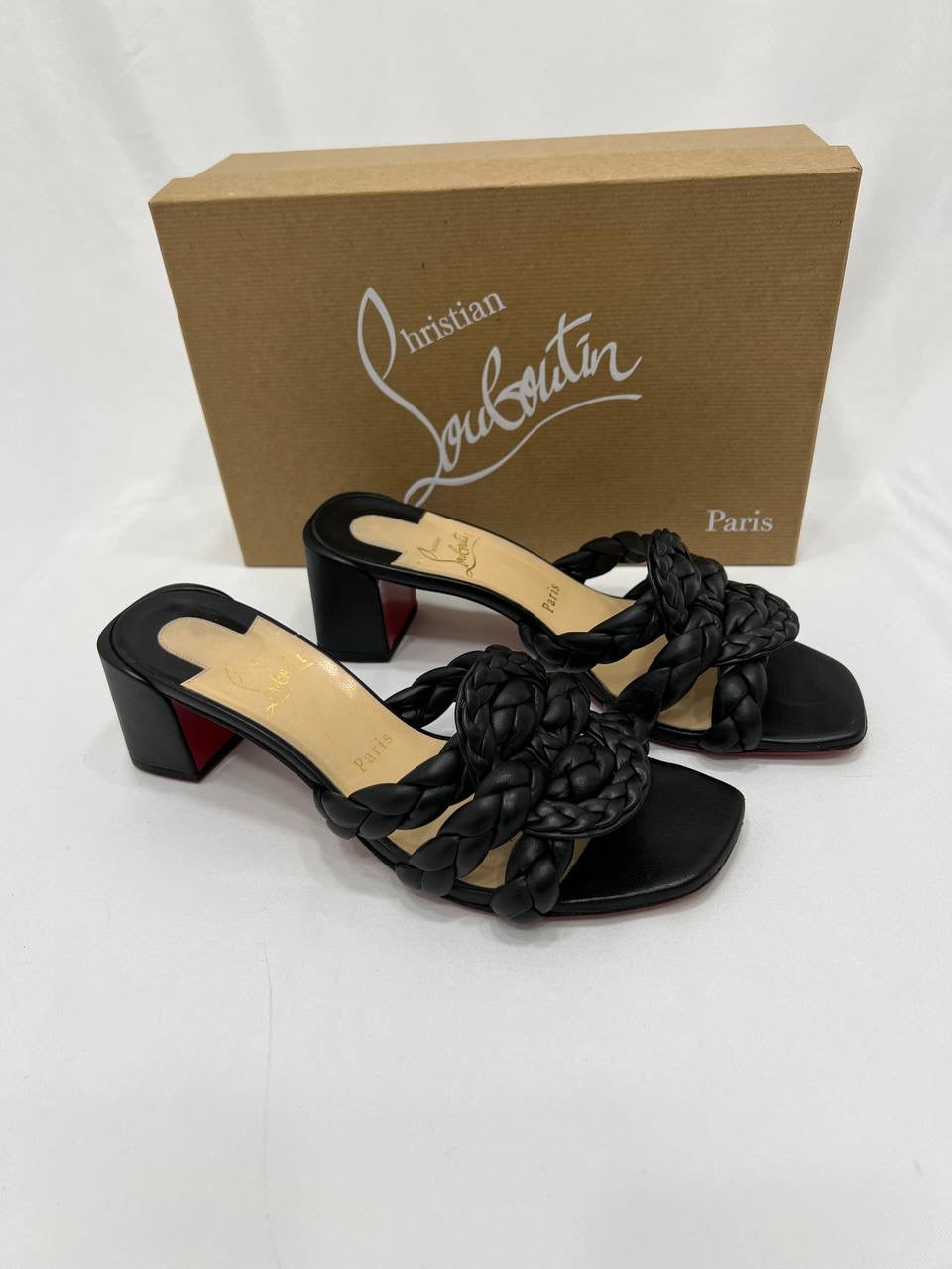 CHRISTIAN LOUBOUTIN Marmela Woven Red Sole Slide Sandals In Black