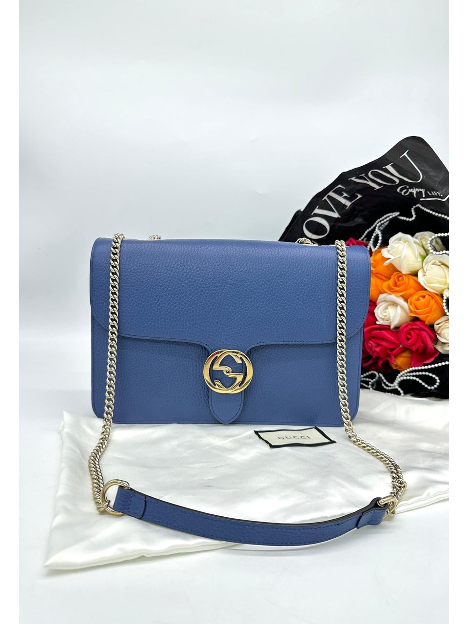 GUCCI Blue Leather Medium Interlocking G Shoulder Bag - Reeluxs 