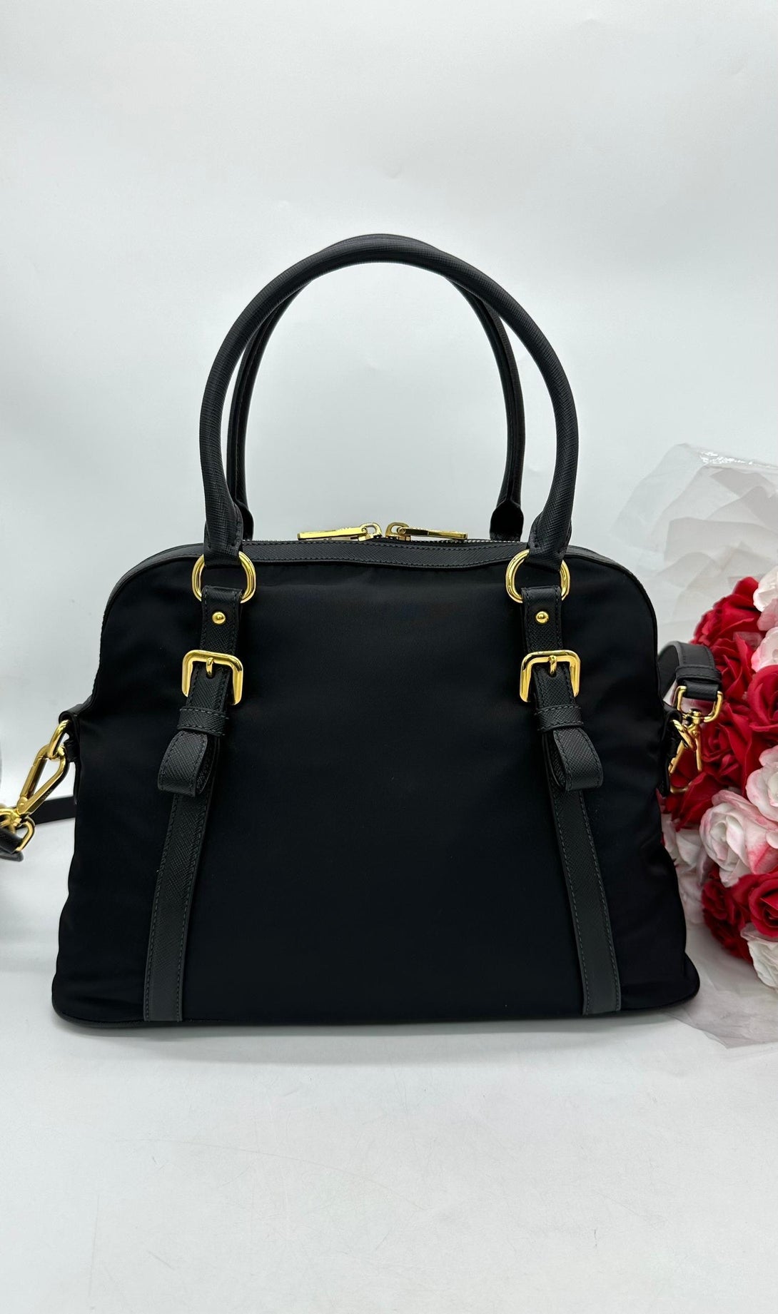 PRADA Womens Black Nylon & Leather Handbag - Reeluxs 