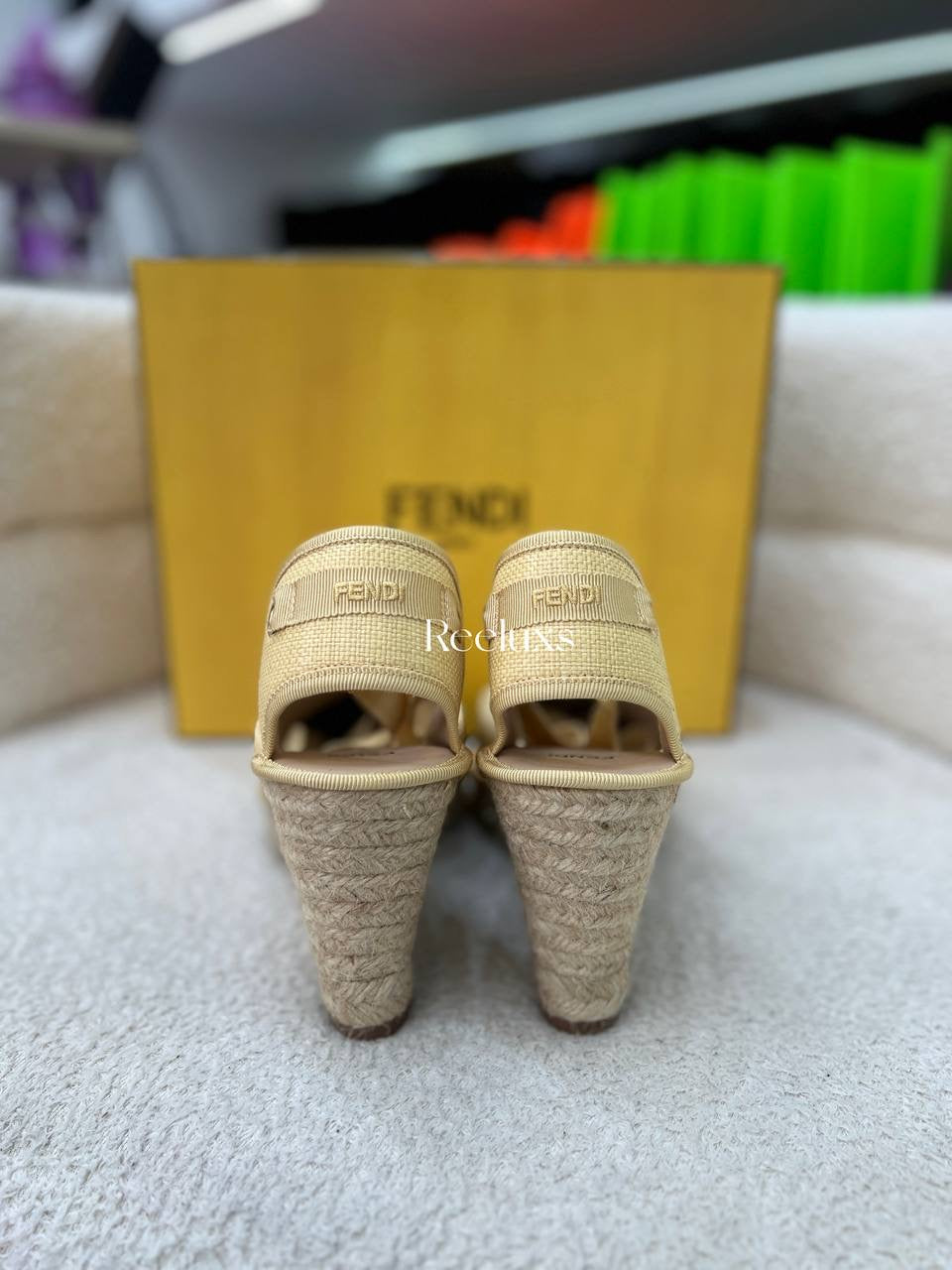 Full Set FENDI Yellow FF Logo Embroidered Fabric Ankle Wrap Espadrille  Flats