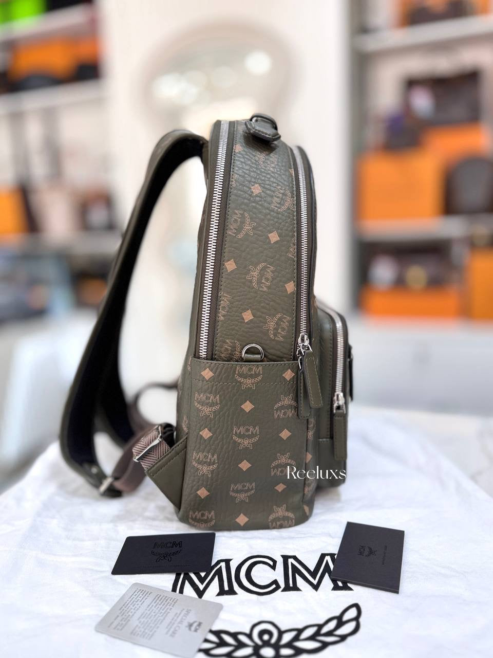 MCM Stark Visetos Backpack In Moss Green Color