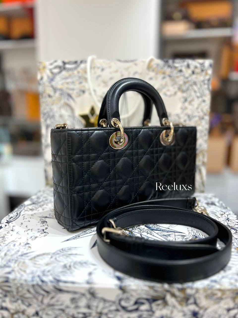 Full Set  DIOR-Medium Lady D-Joy Bag Black Cannage Calfskin with Diamond Motif