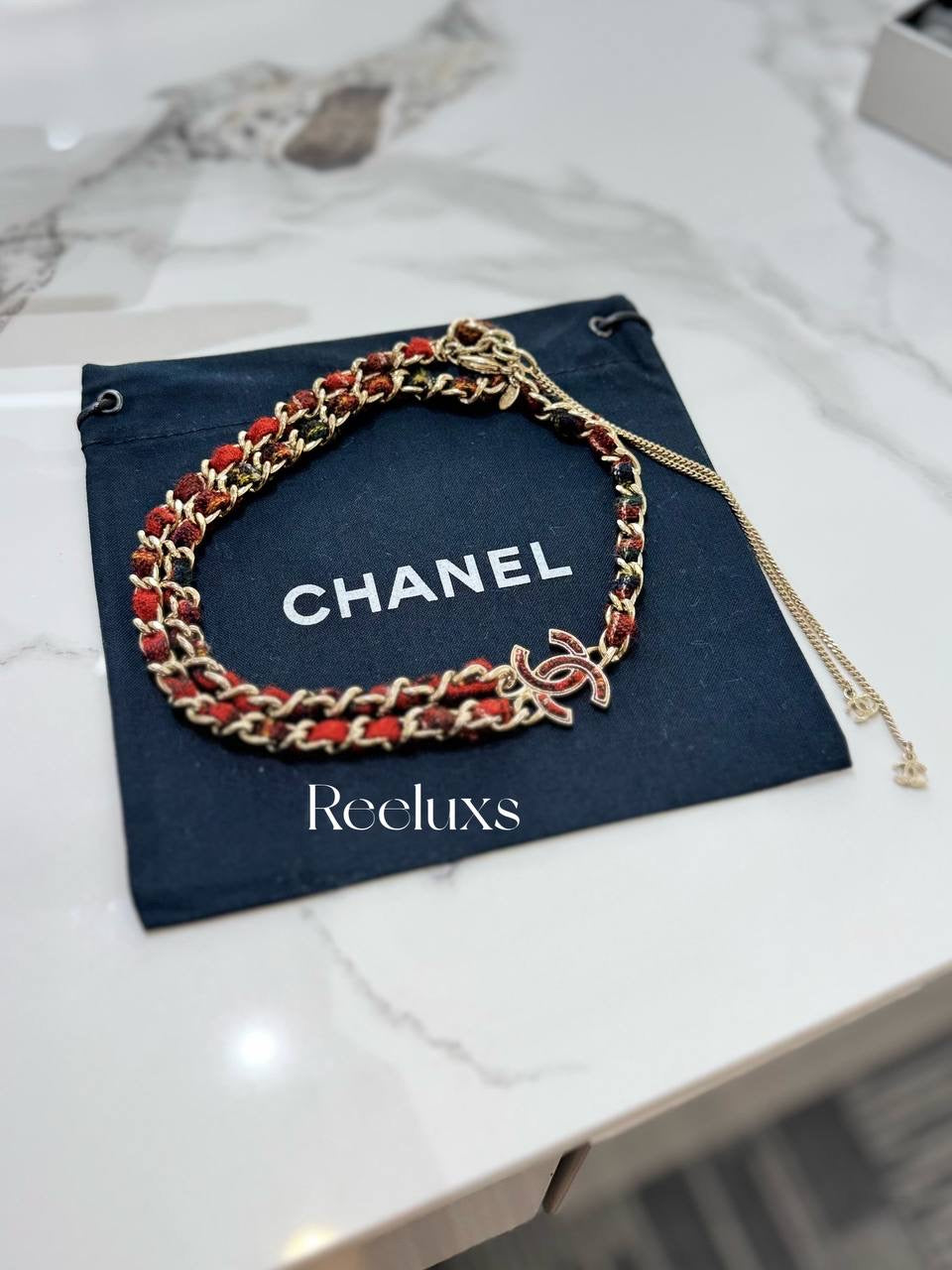 CHANEL Paris Edinburgh CC Pendant Necklace With A Red Tartan Woven Chain