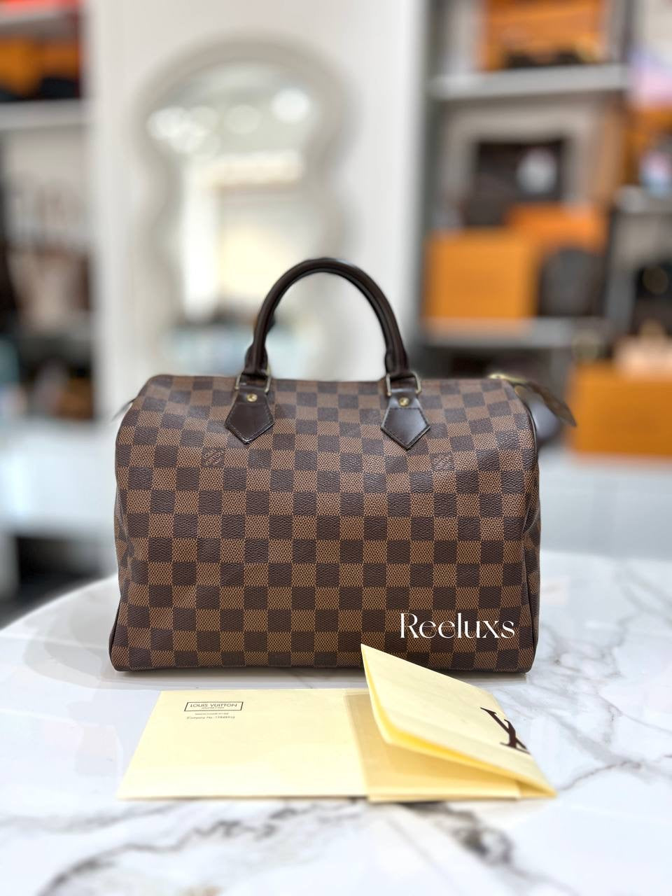 Louis Vuitton LV Speedy 30 Brown Handle Bag With Gold Hardware