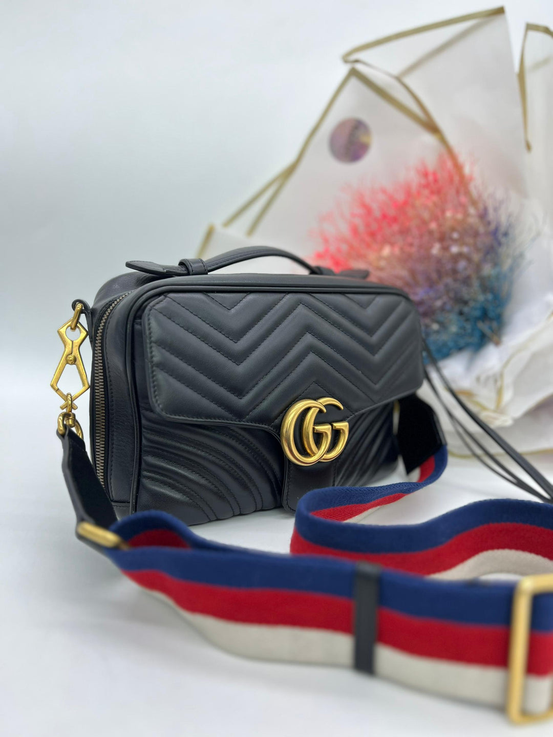 GUCCI GG Marmont ZIP Around Top Handle Camera Bag -Black