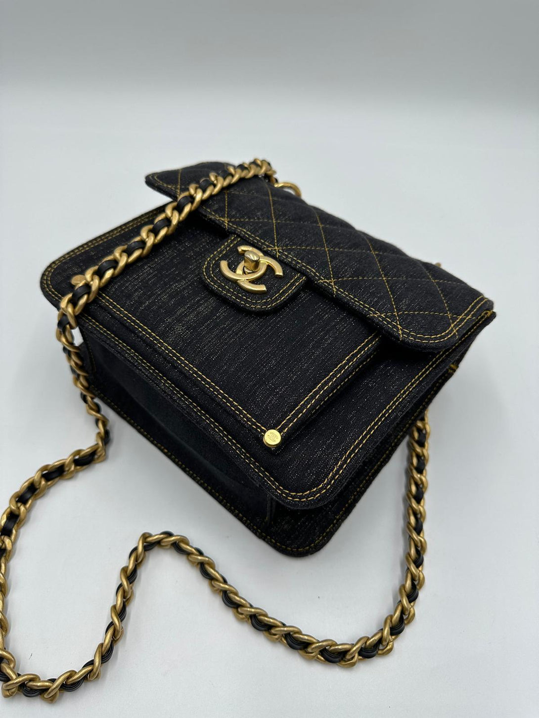 Chanel 2023 Microchip Navy Denim Quilted Double You Square Flap Black Golden - Reeluxs 